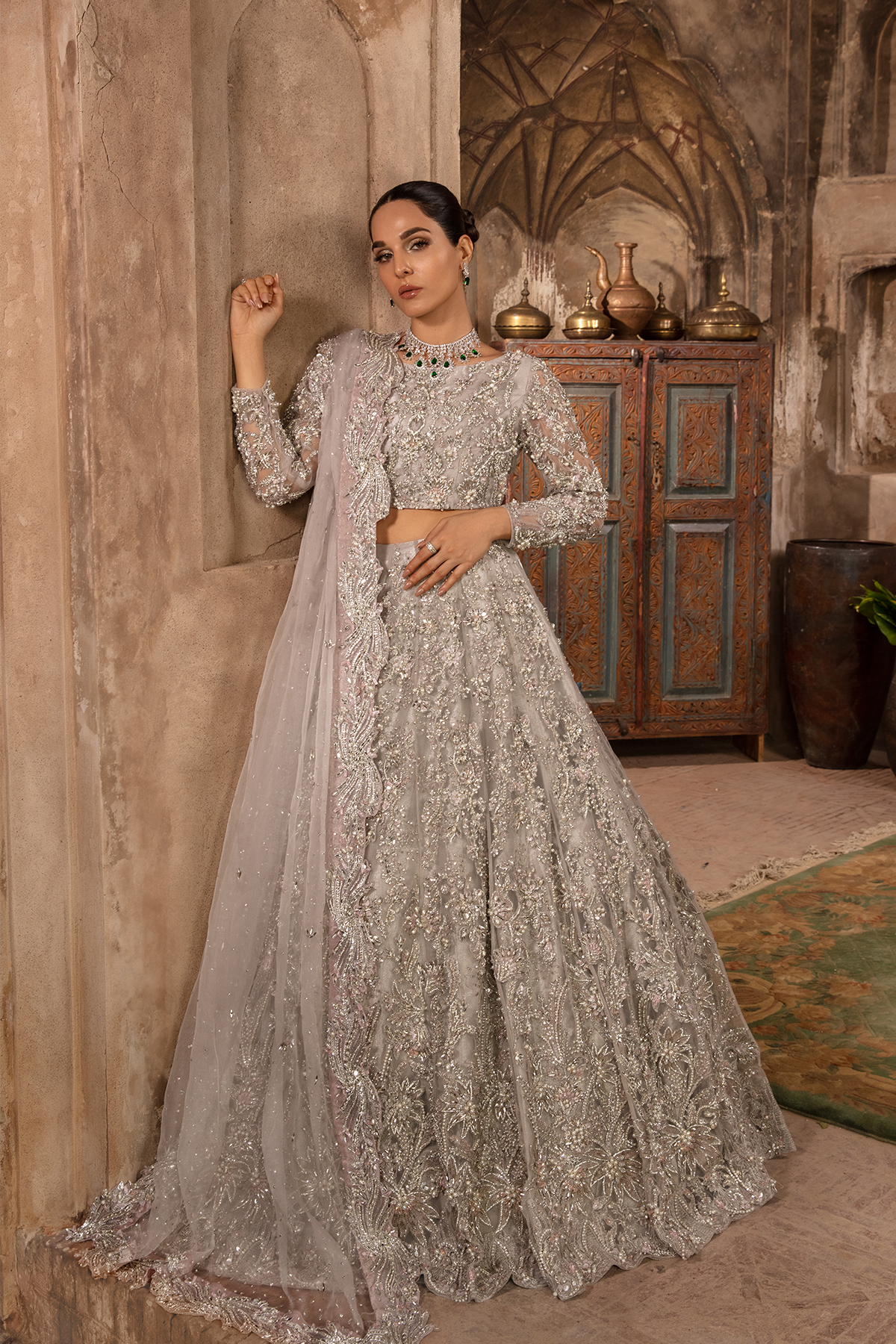 Grey Silver 3D Embellished Net Lehenga Choli (3-Piece) - Image 4