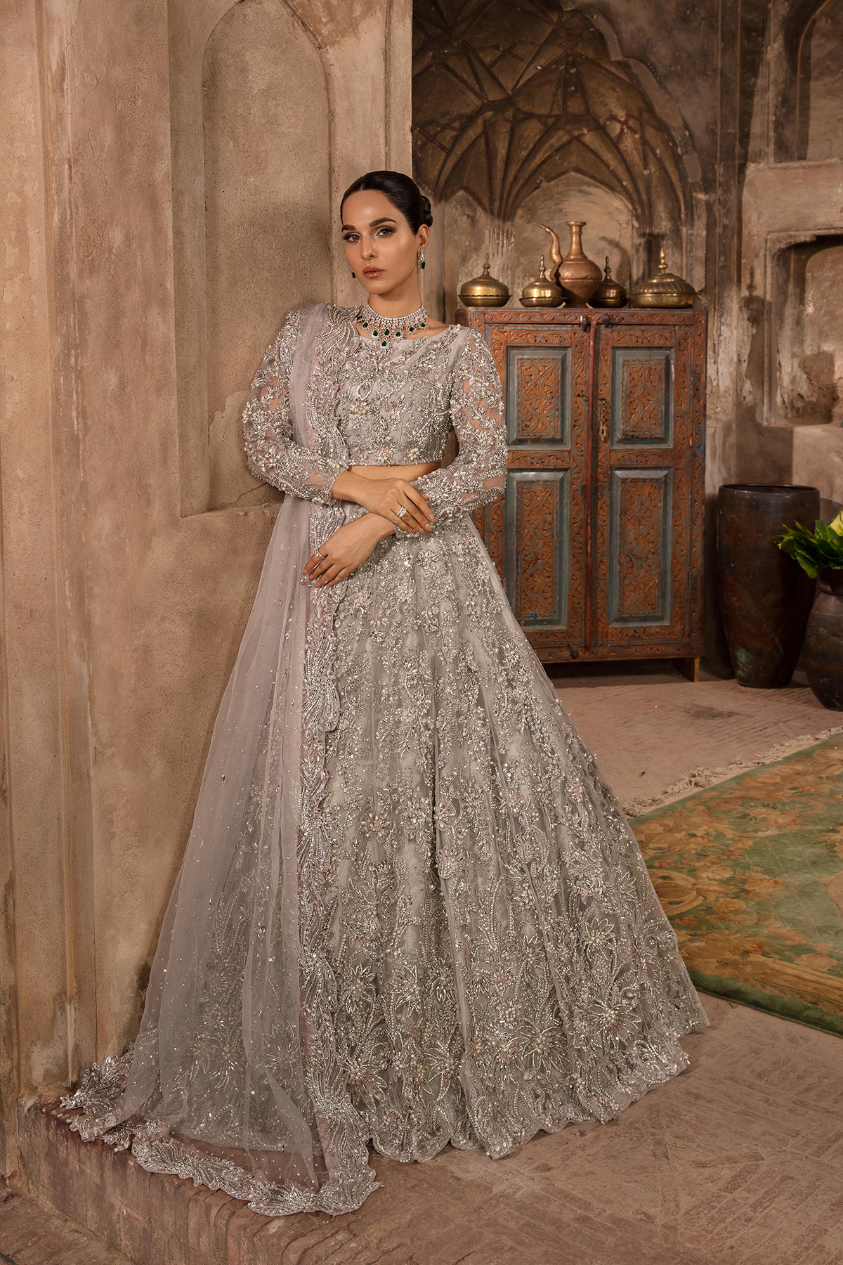 Grey Silver 3D Embellished Net Lehenga Choli (3-Piece) - Image 5