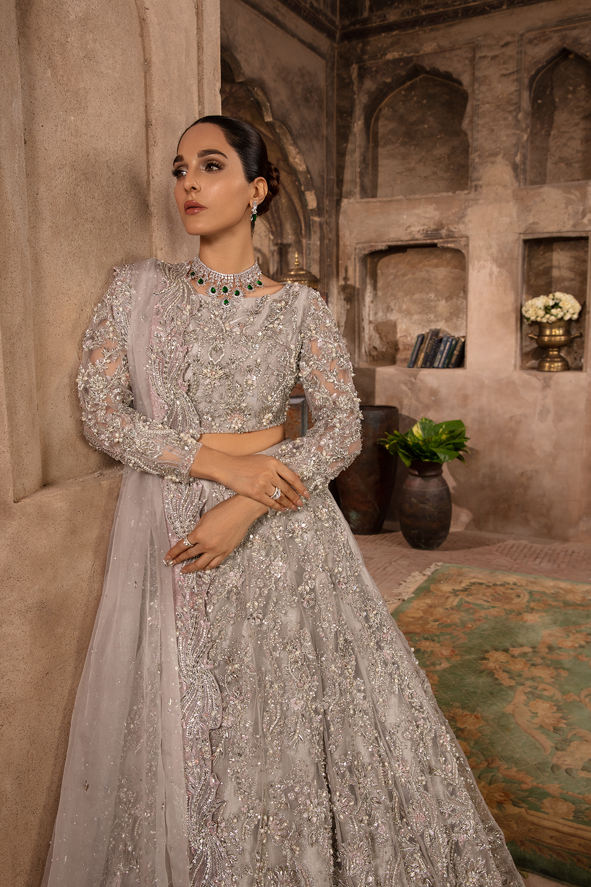 Grey Silver 3D Embellished Net Lehenga Choli (3-Piece) - Image 6