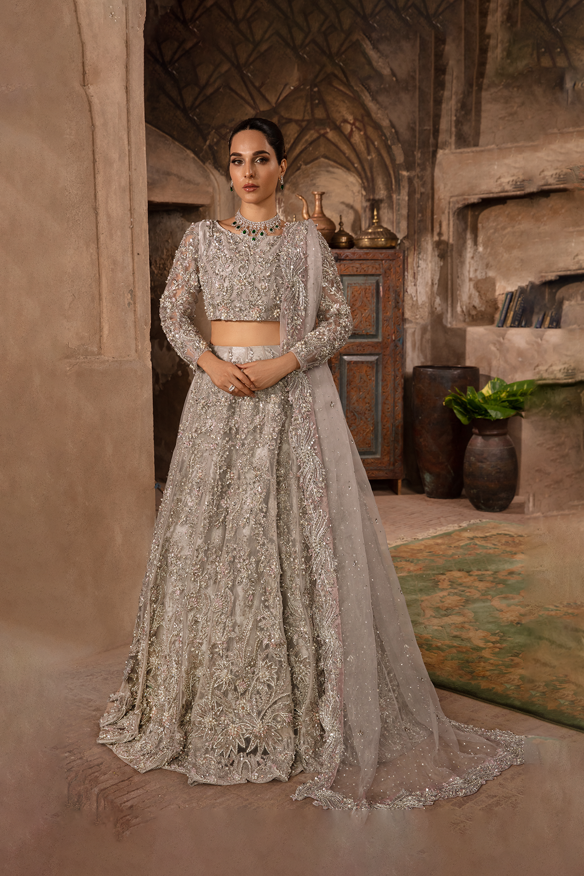 Grey Silver 3D Hand Embellished Net Lehenga Choli (3-Piece) - Image 1