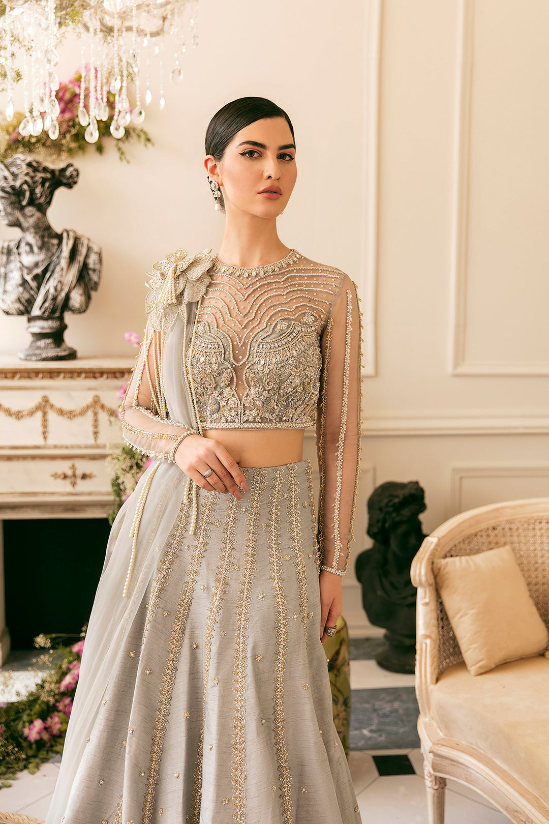 Silver Grey Beaded Net Lehenga Dress (3-Piece) - Image 1