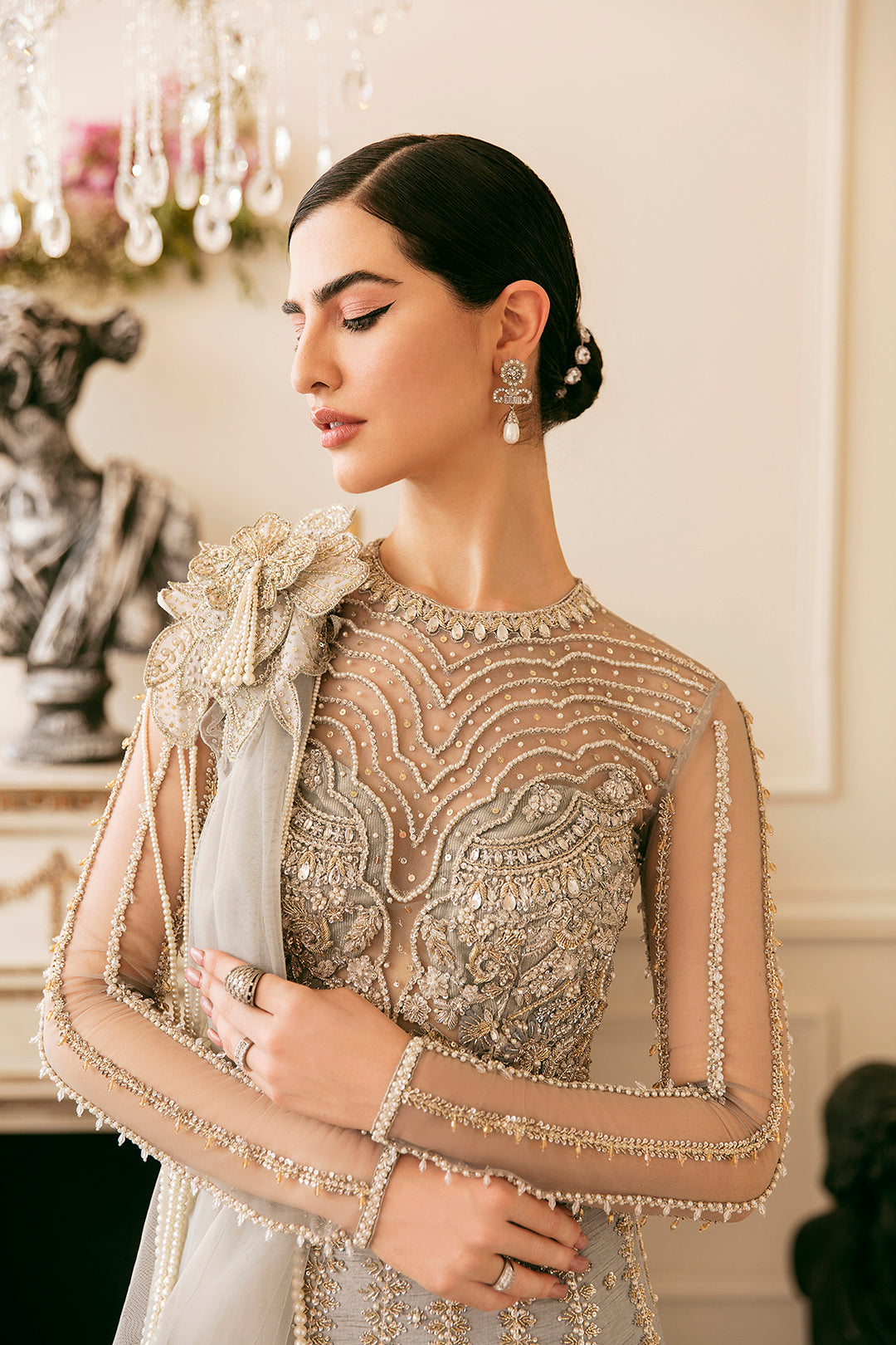 Silver Grey Beaded Net Lehenga Dress (3-Piece) - Image 2