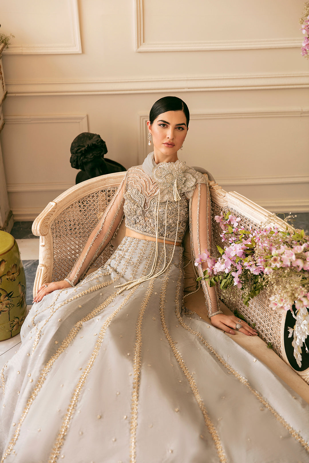 Silver Grey Beaded Net Lehenga Dress (3-Piece) - Image 3