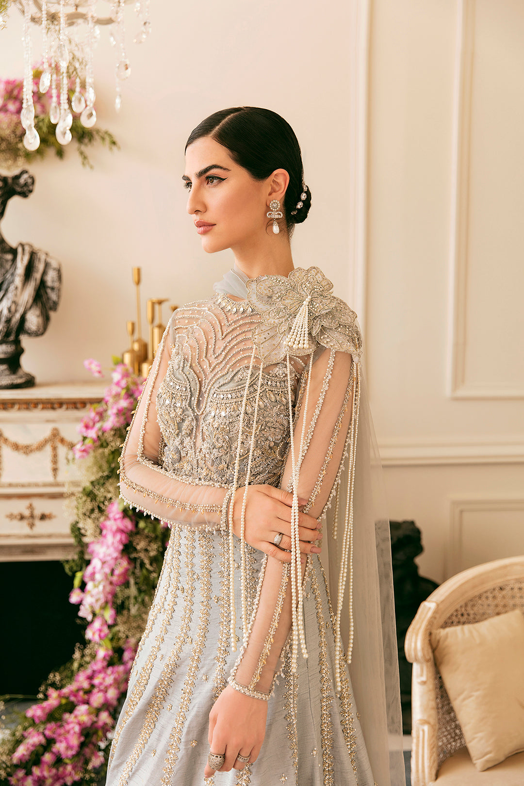 Silver Grey Beaded Net Lehenga Dress (3-Piece) - Image 4