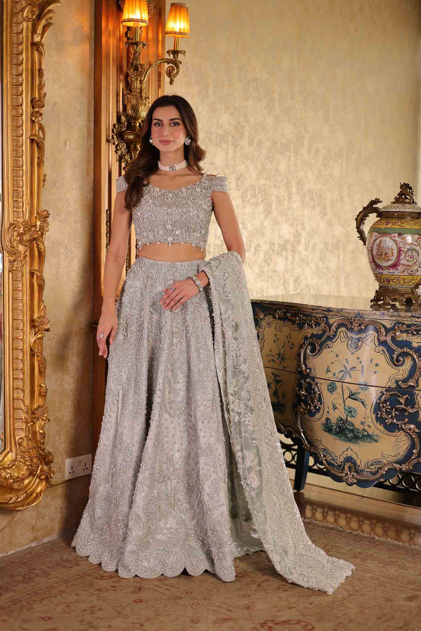 Silver Grey Beaded Net Lehenga Choli (3-Piece) - Image 1