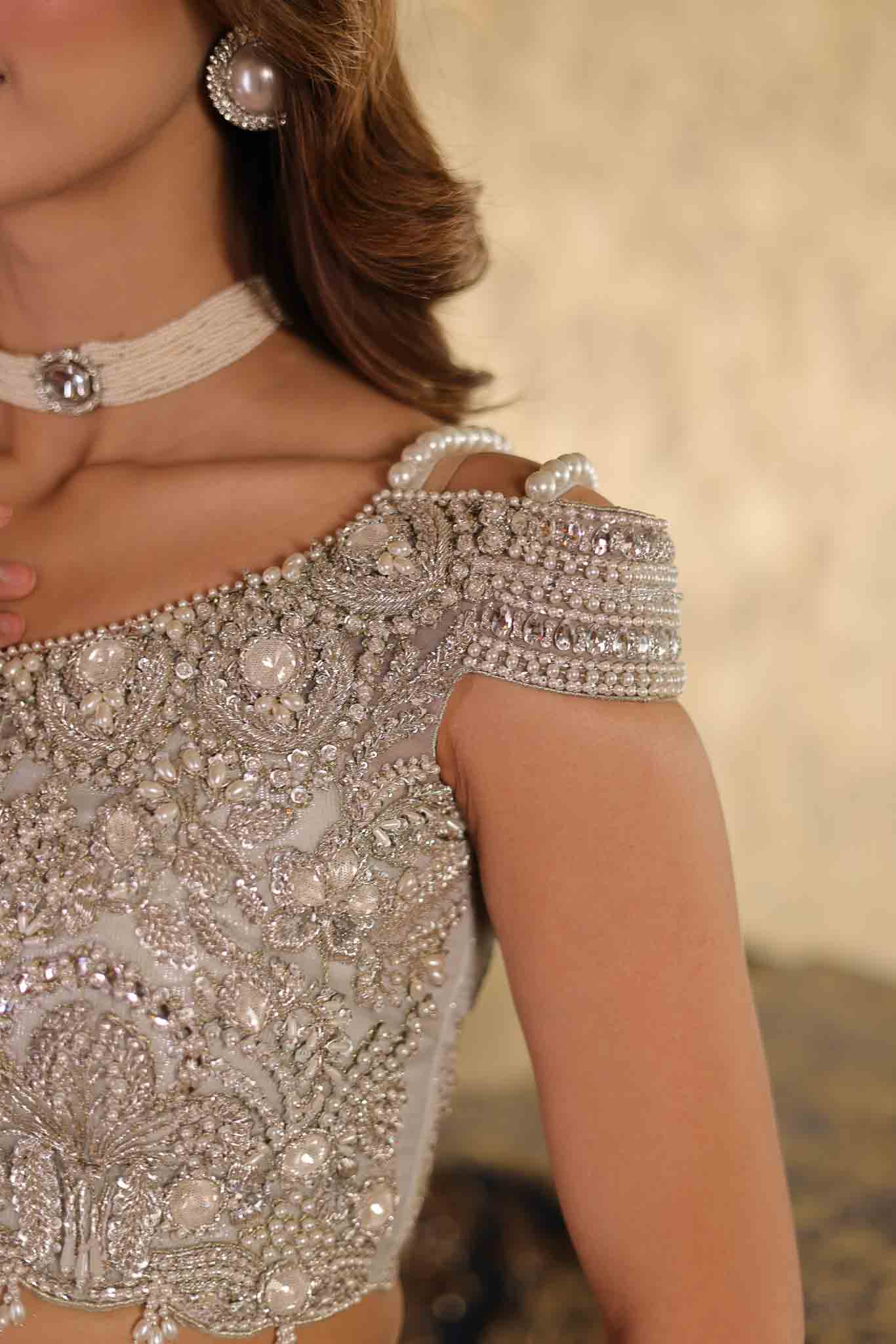 Silver Grey Beaded Net Lehenga Choli (3-Piece) - Image 3