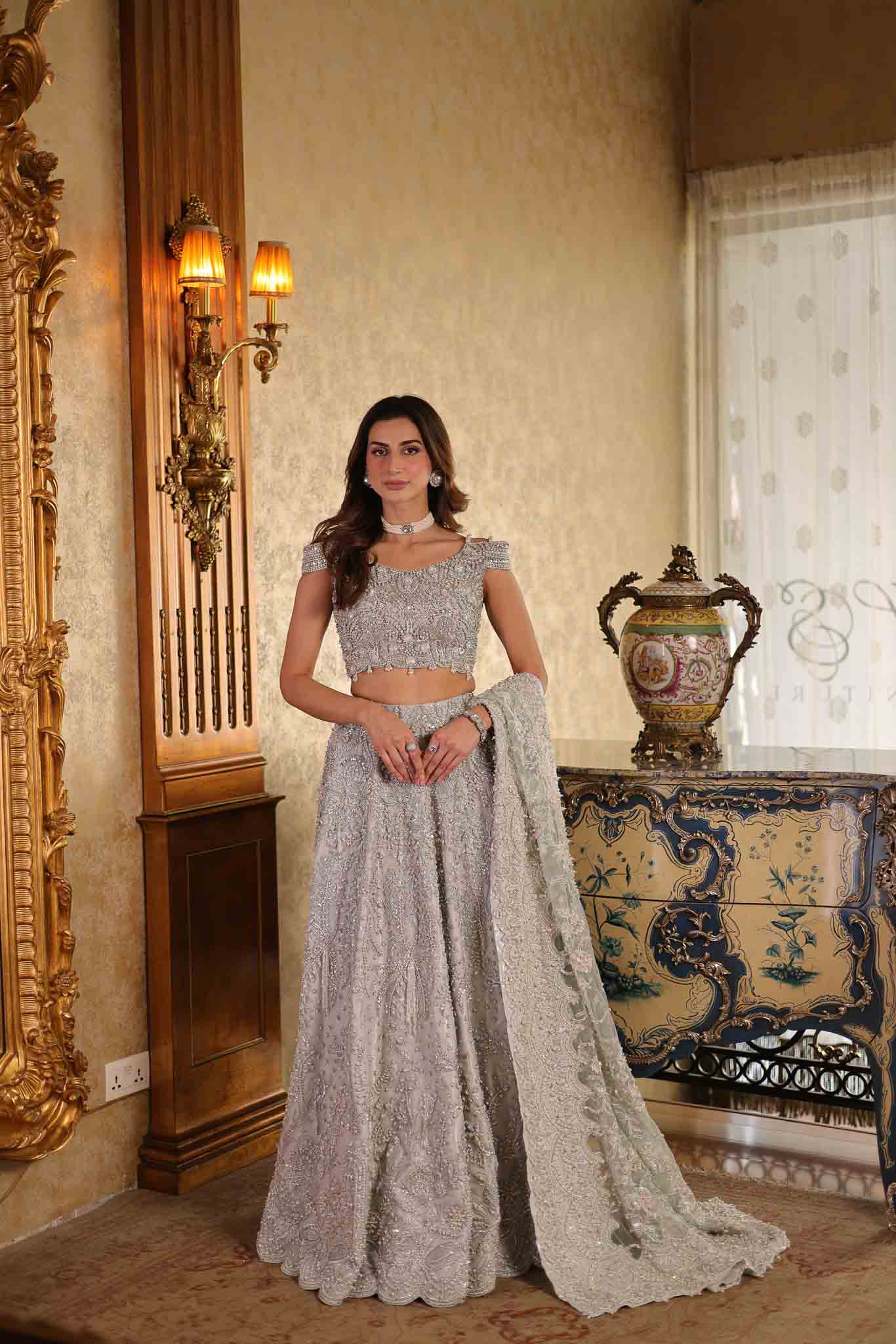 Silver Grey Beaded Net Lehenga Choli (3-Piece) - Image 4