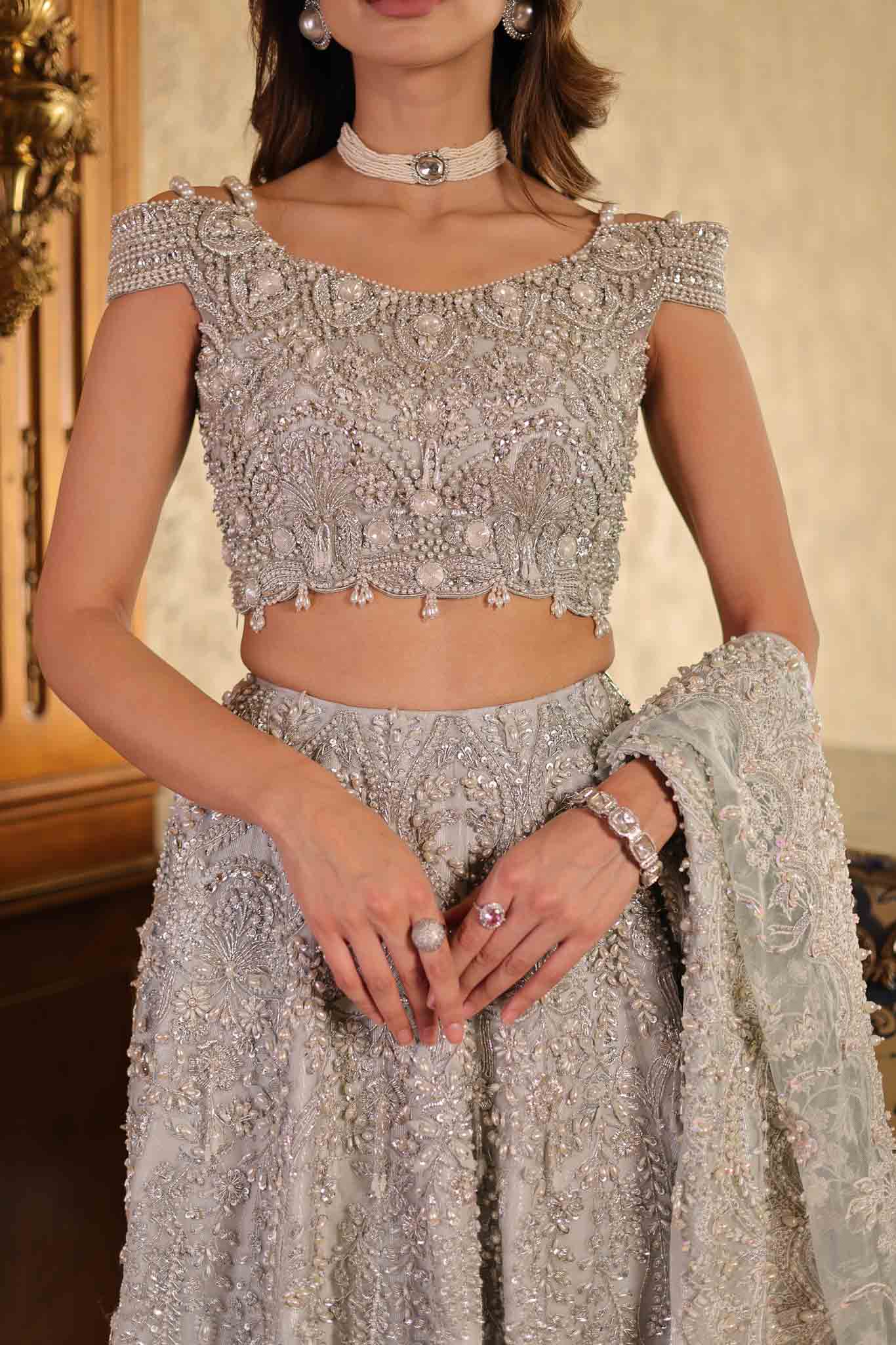 Silver Grey Beaded Net Lehenga Choli (3-Piece) - Image 5