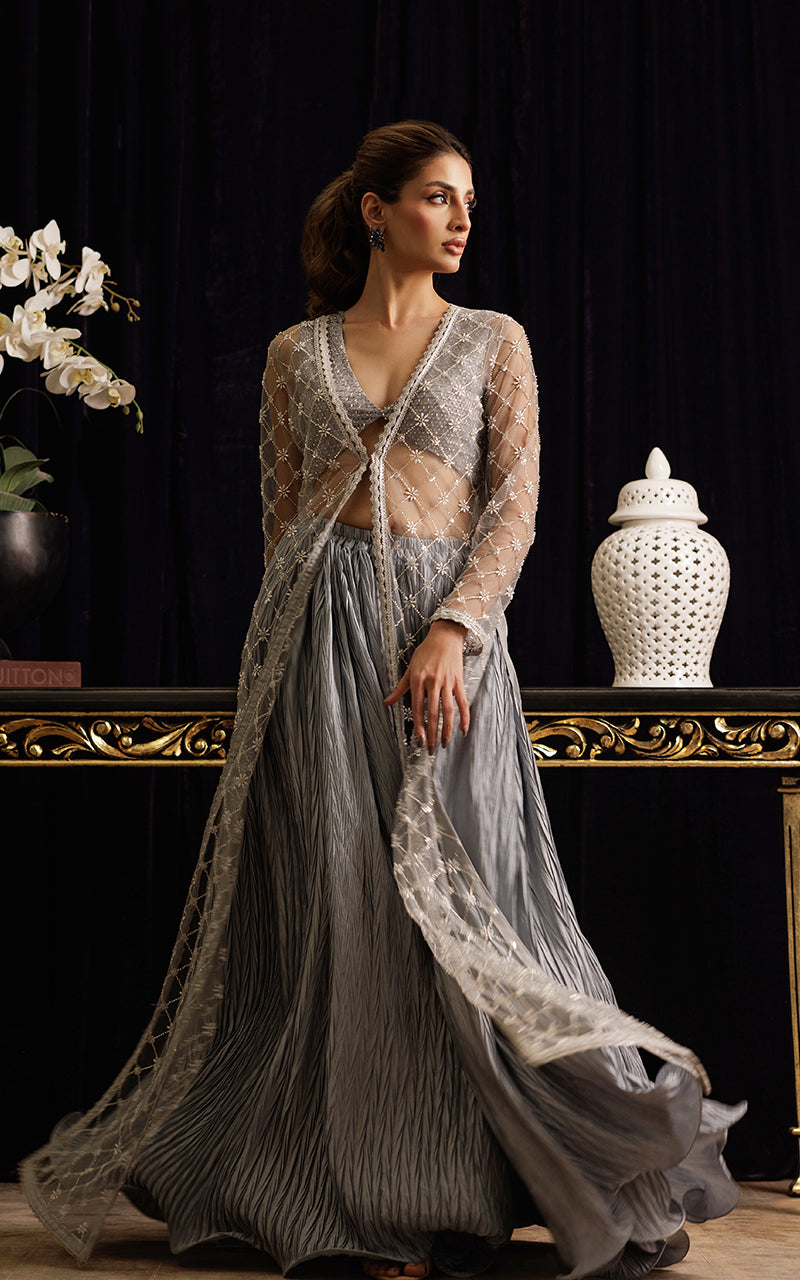 Pakistani Silver Embroidered Net Jacket Lehenga (3-Piece) - Image 1