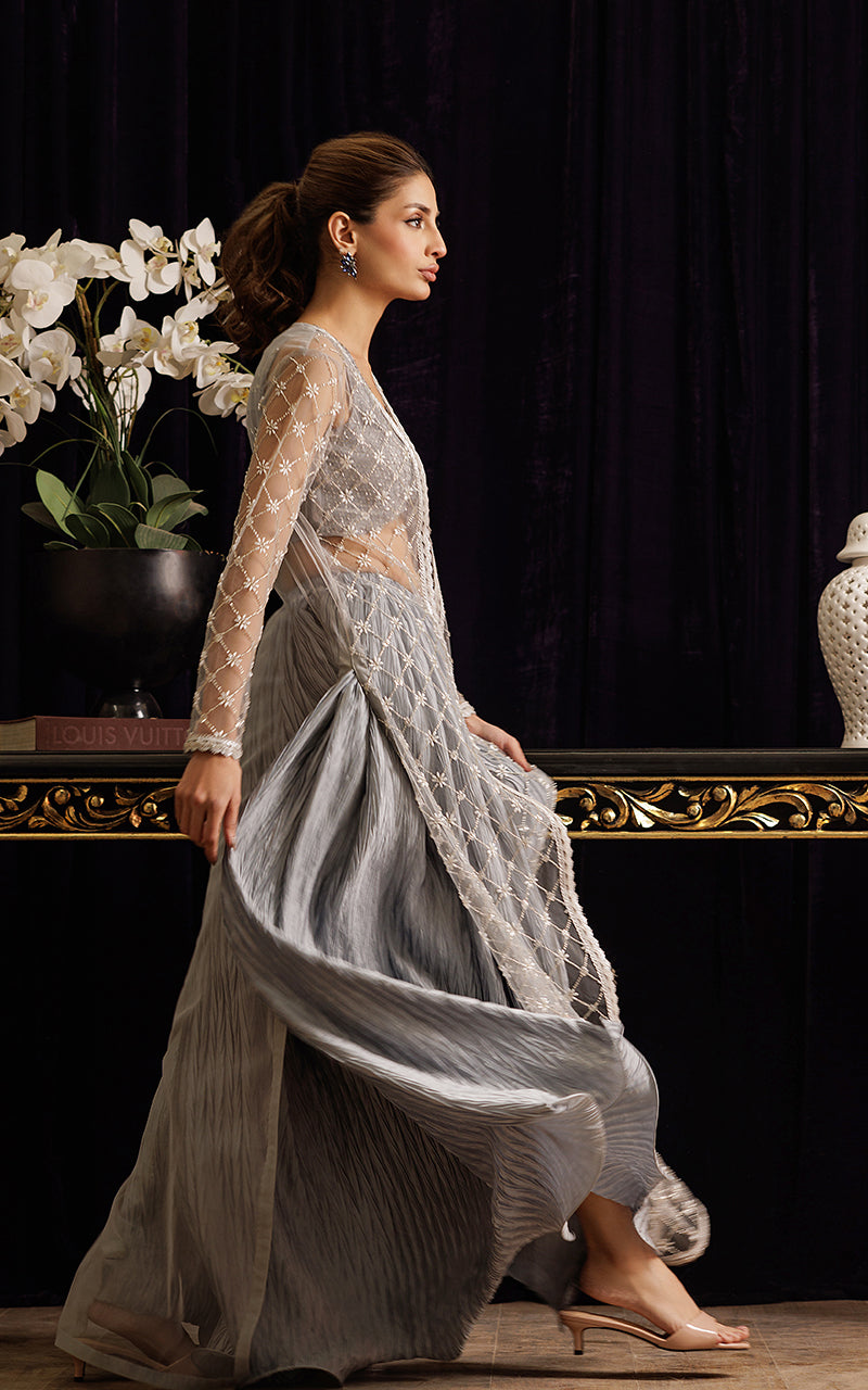 Pakistani Silver Embroidered Net Jacket Lehenga (3-Piece) - Image 2