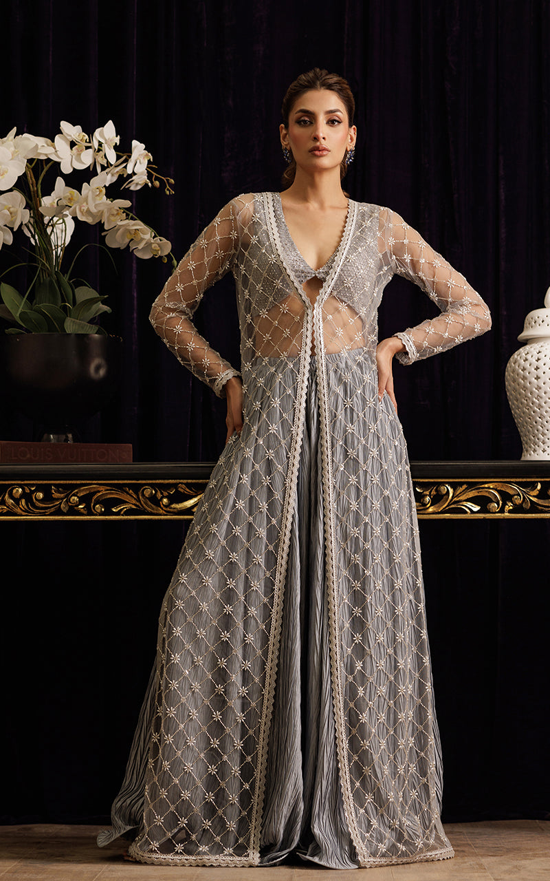 Pakistani Silver Embroidered Net Jacket Lehenga (3-Piece) - Image 3