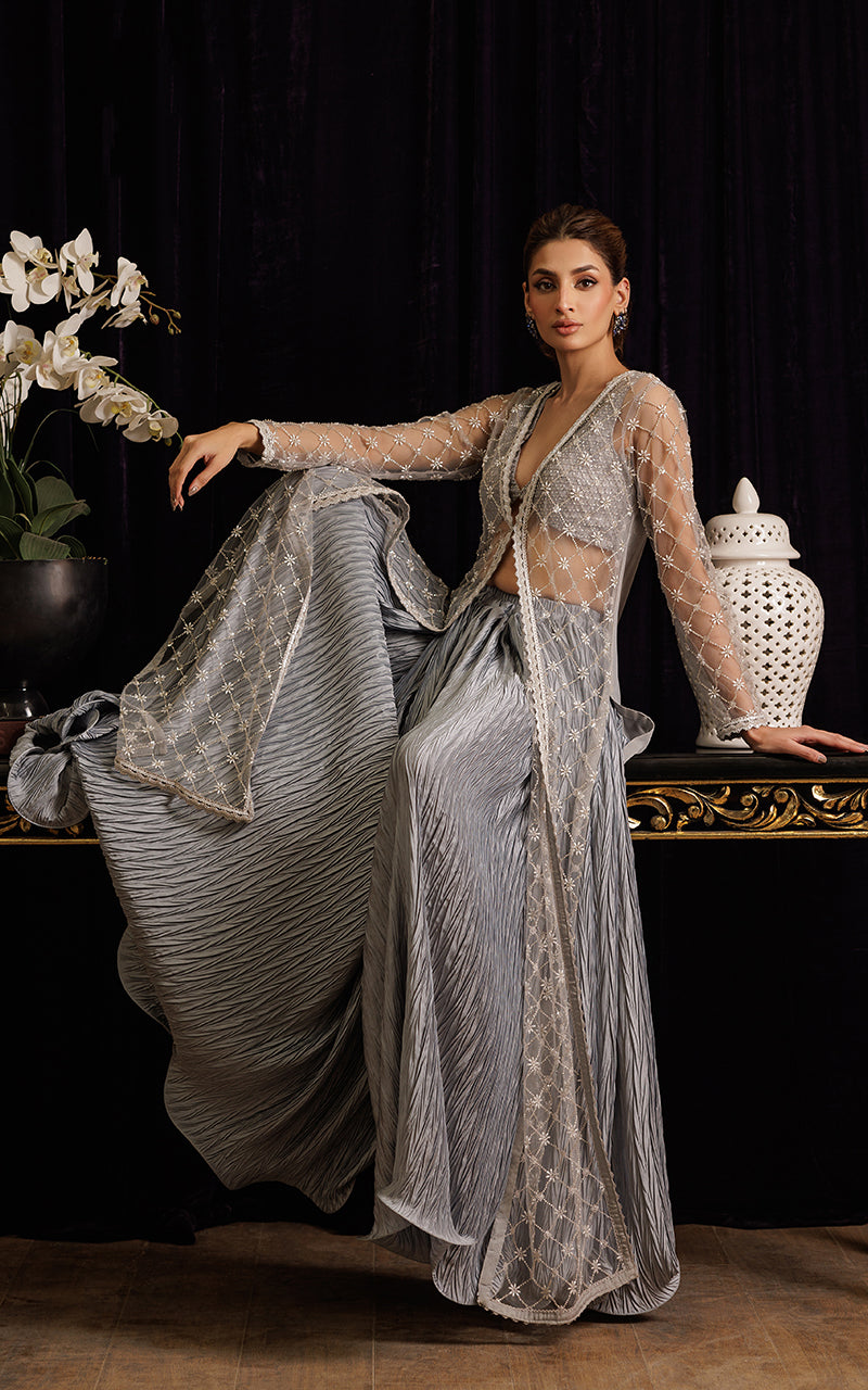 Pakistani Silver Embroidered Net Jacket Lehenga (3-Piece) - Image 5