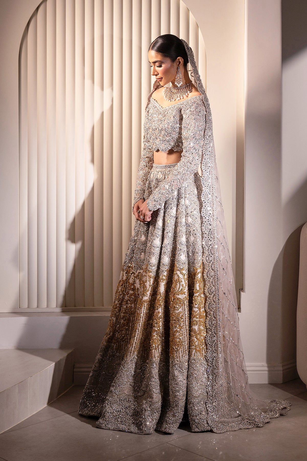 Silver and Gold Embellished Net Silk Bridal Lehenga (3-Piece) - Image 1