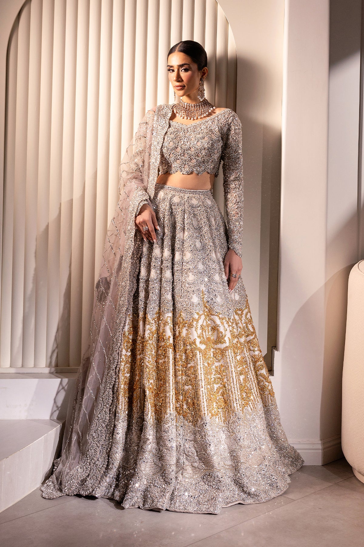 Silver and Gold Embellished Net Silk Bridal Lehenga (3-Piece) - Image 2