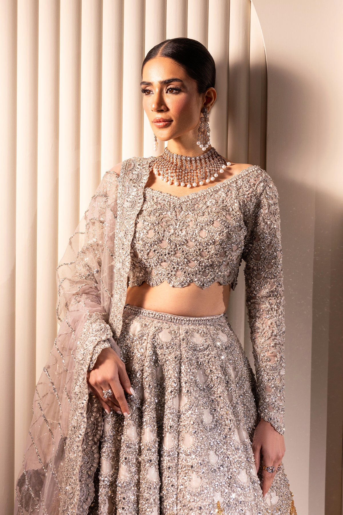 Silver and Gold Embellished Net Silk Bridal Lehenga (3-Piece) - Image 3