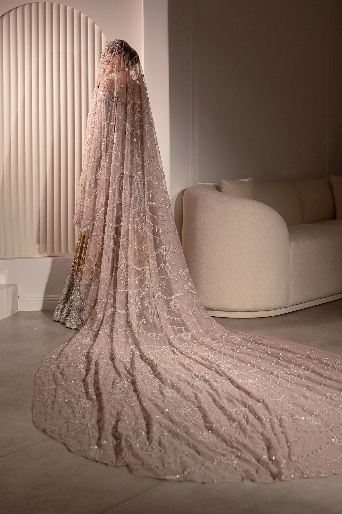 Silver and Gold Embellished Net Silk Bridal Lehenga (3-Piece) - Image 7