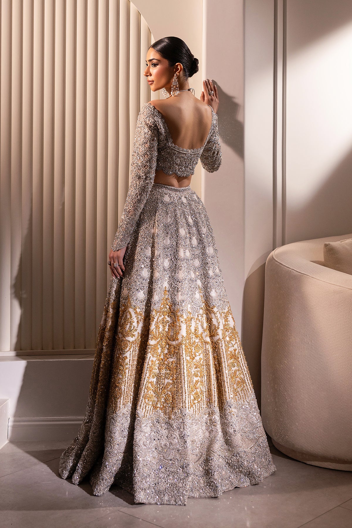 Silver and Gold Embellished Net Silk Bridal Lehenga (3-Piece) - Image 8