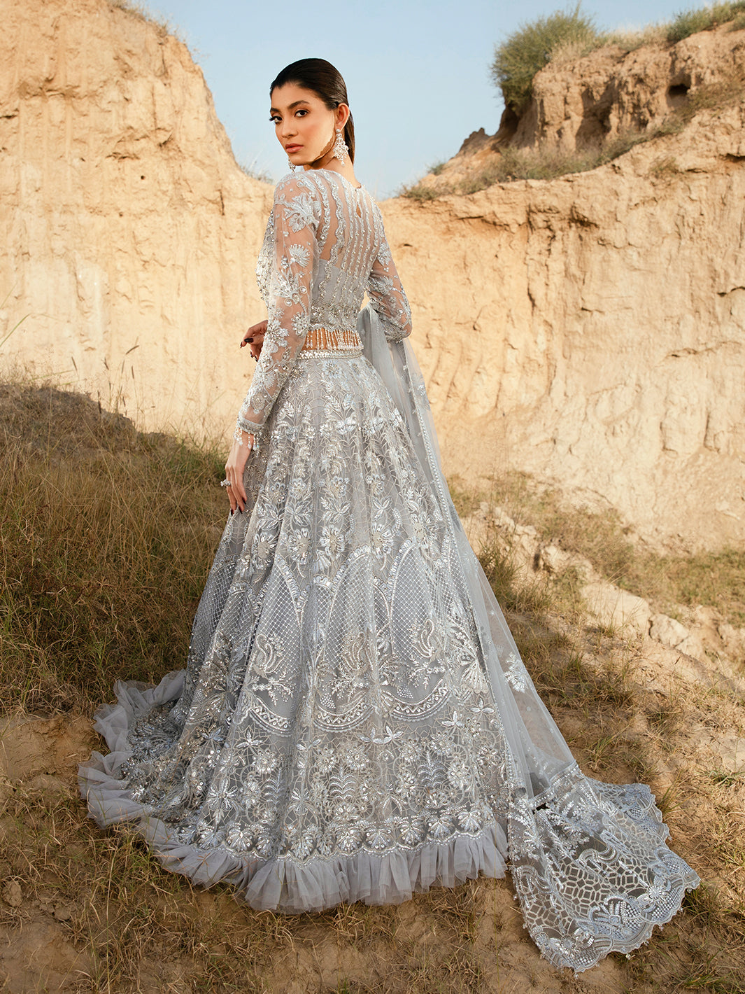 Pakistani Silver Grey Embroidered Net Bridal Lehenga (3-Piece) - Image 1