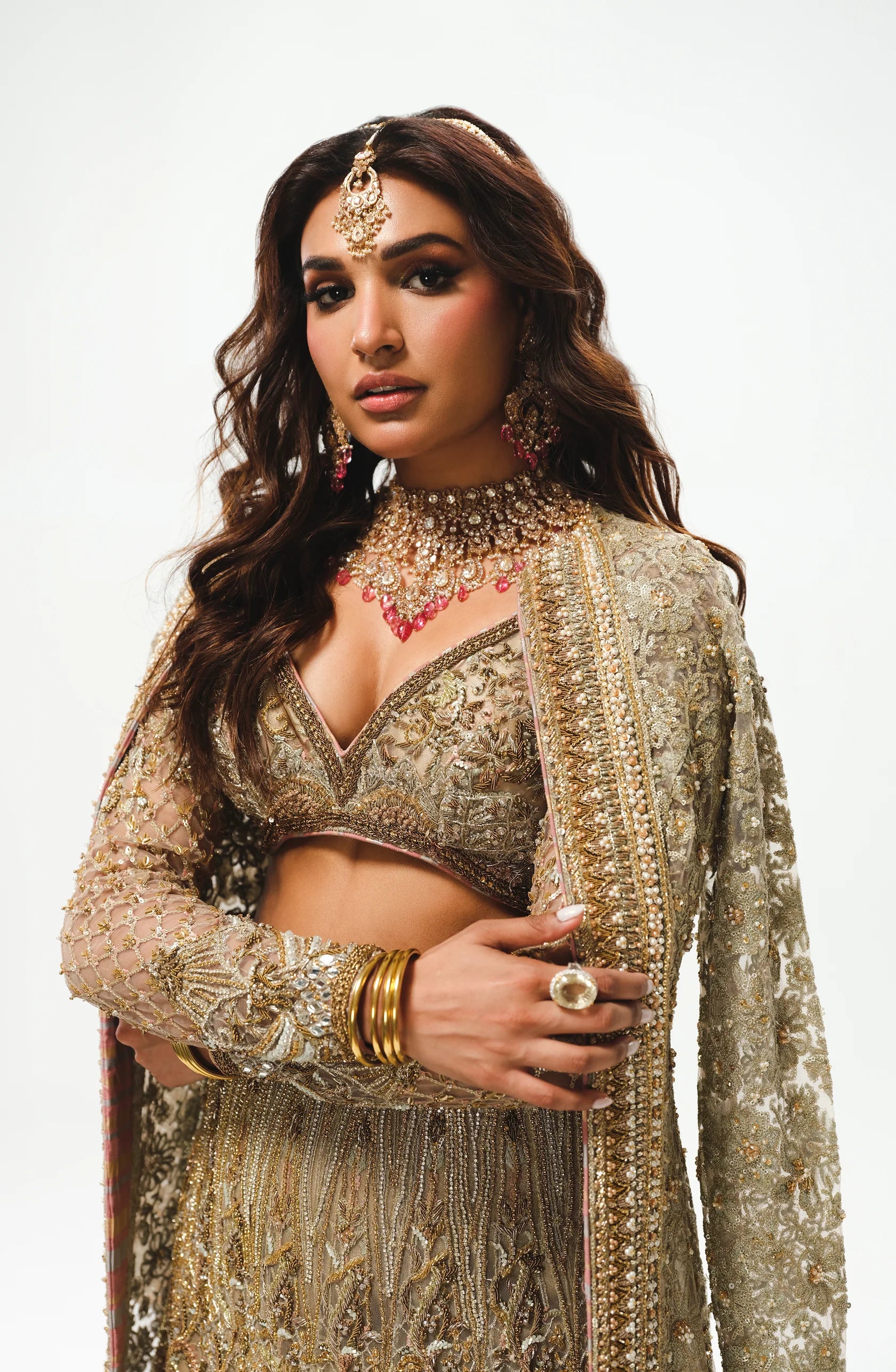 Pakistani Silver Grey Ganga Jaamni Embroidered Net Lehenga (3-Piece) - Image 1