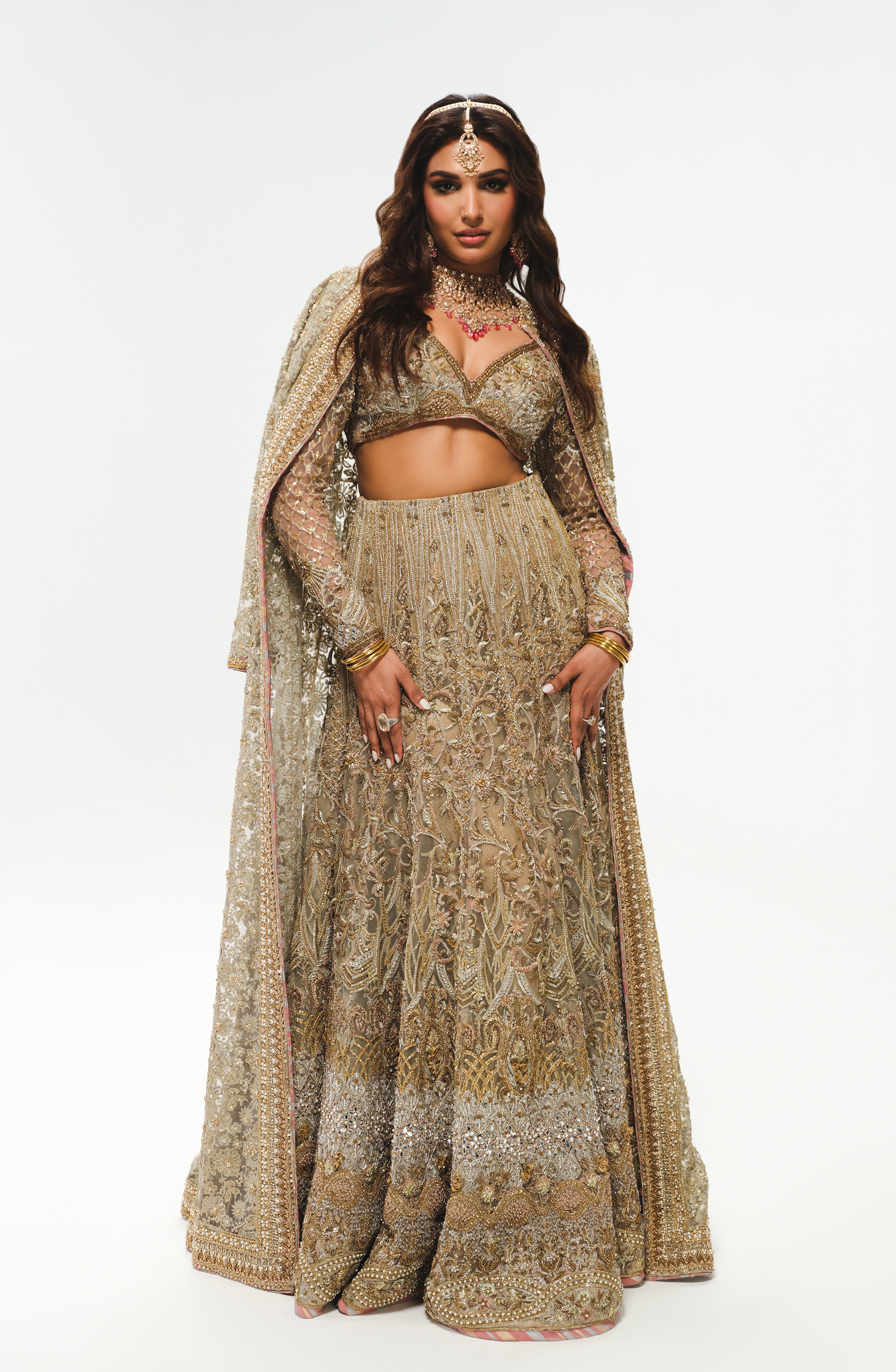 Pakistani Silver Grey Ganga Jaamni Embroidered Net Lehenga (3-Piece) - Image 4