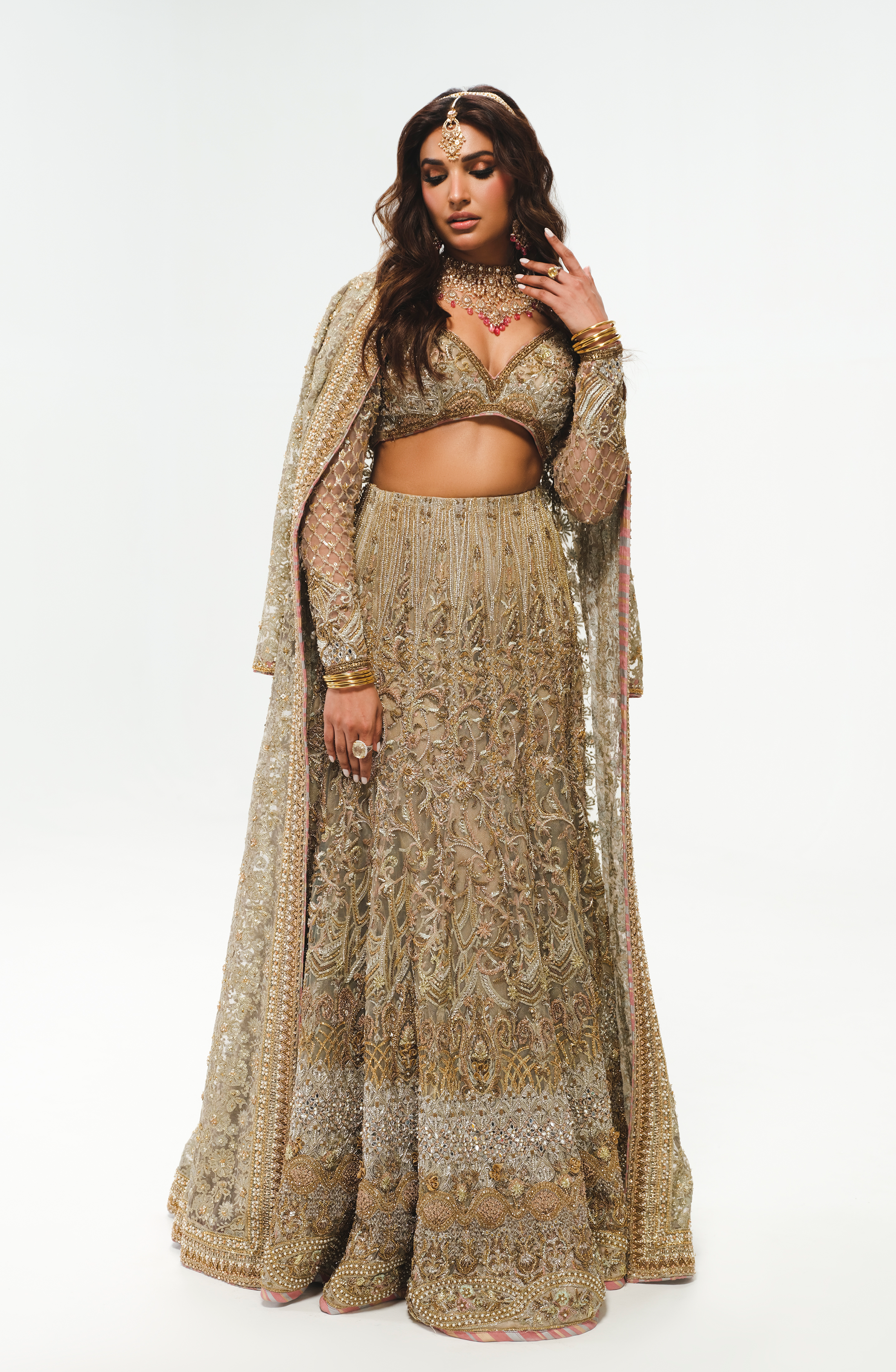 Pakistani Silver Grey Ganga Jaamni Embroidered Net Lehenga (3-Piece) - Image 6