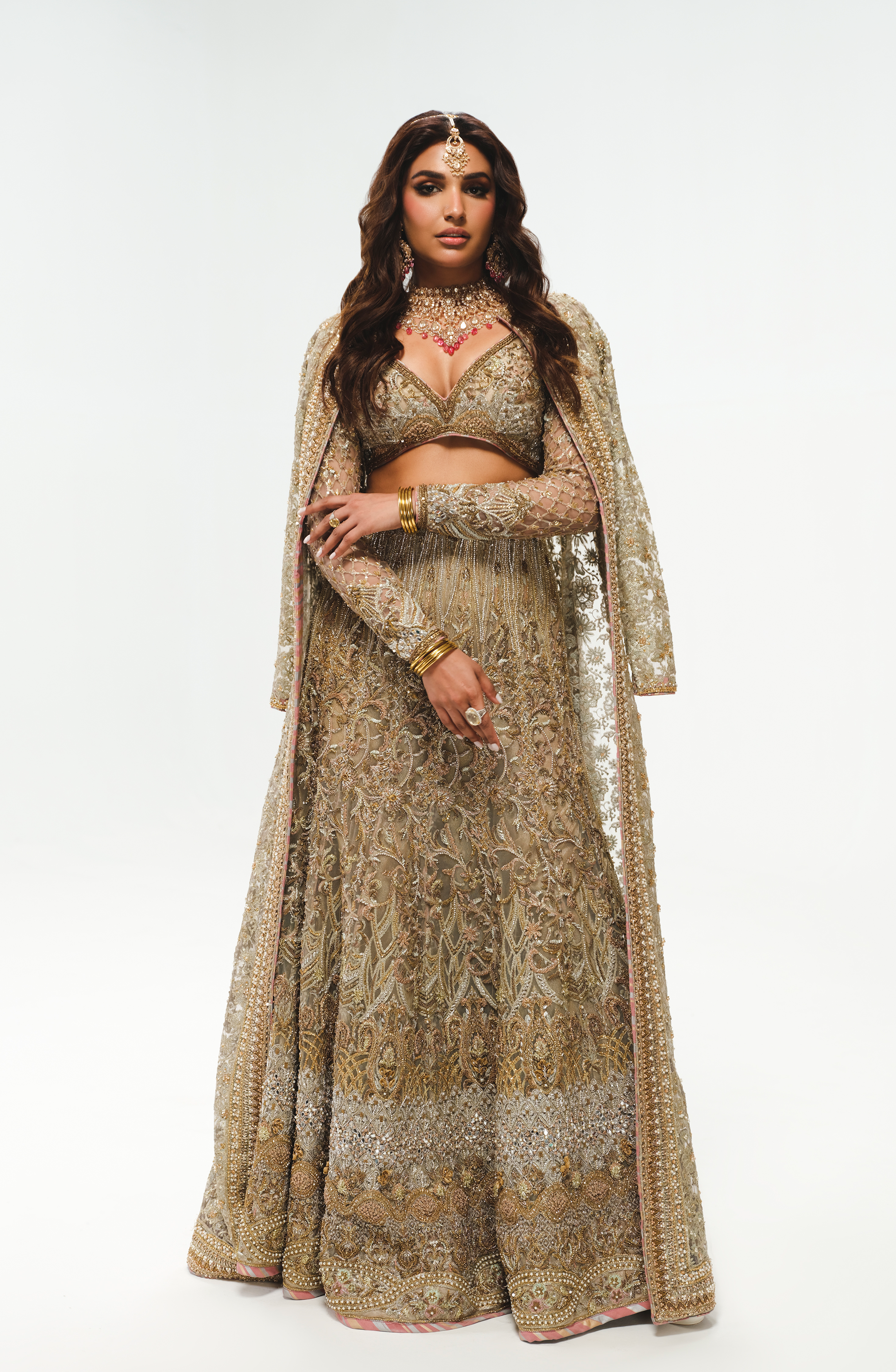 Pakistani Silver Grey Ganga Jaamni Net Lehenga Set (3-Piece) - Image 2