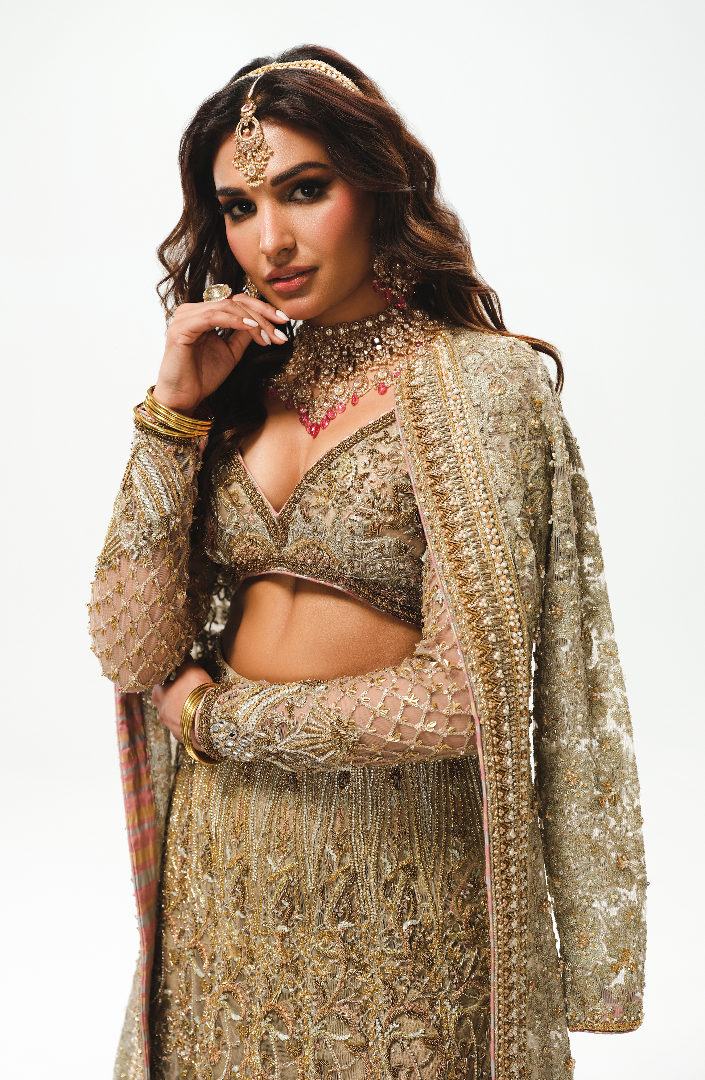 Pakistani Silver Grey Ganga Jaamni Net Lehenga Set (3-Piece) - Image 5