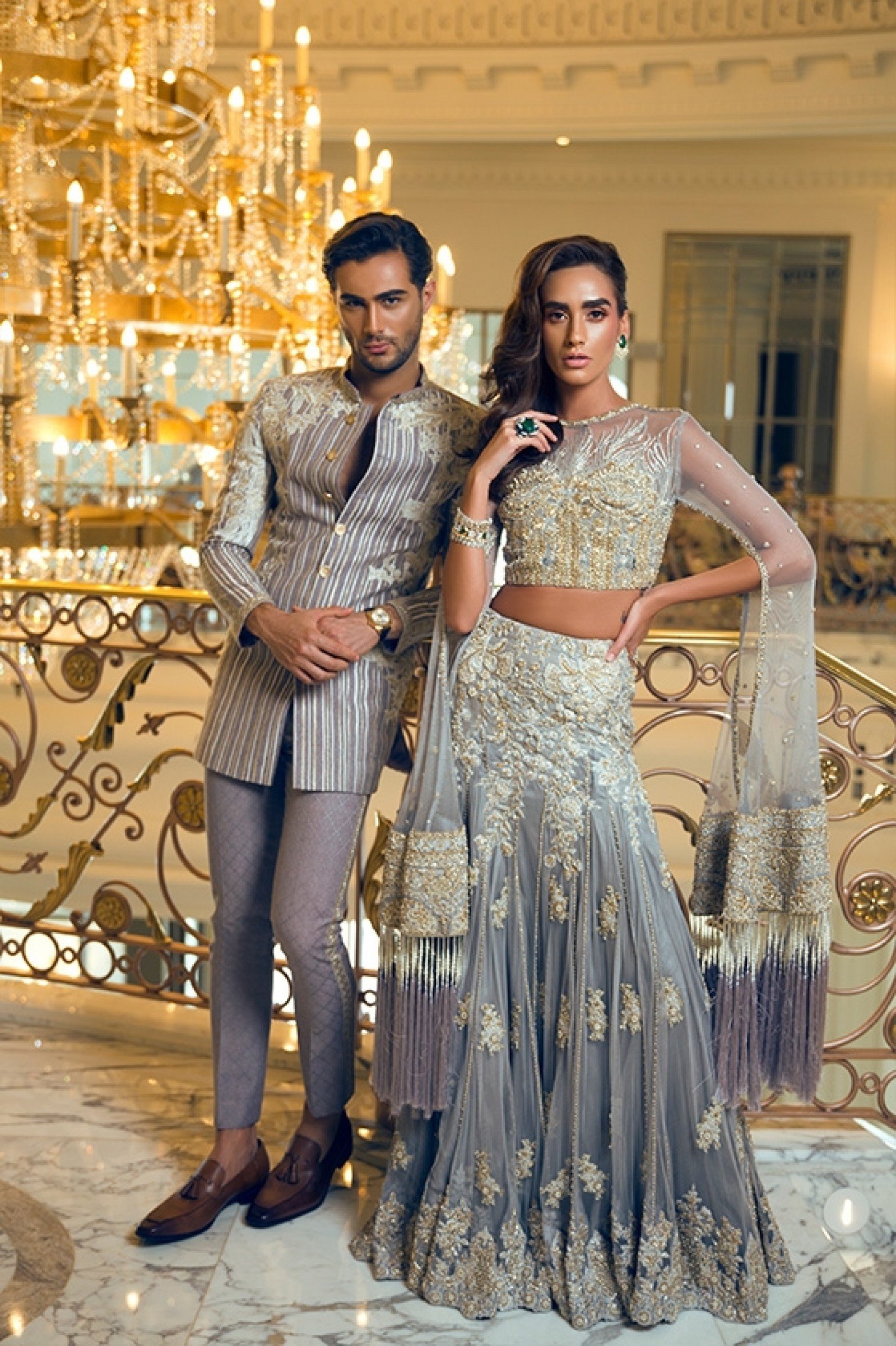 Pakistani Silver Grey Embroidered Net Lehenga Choli (3-Piece) - Image 1