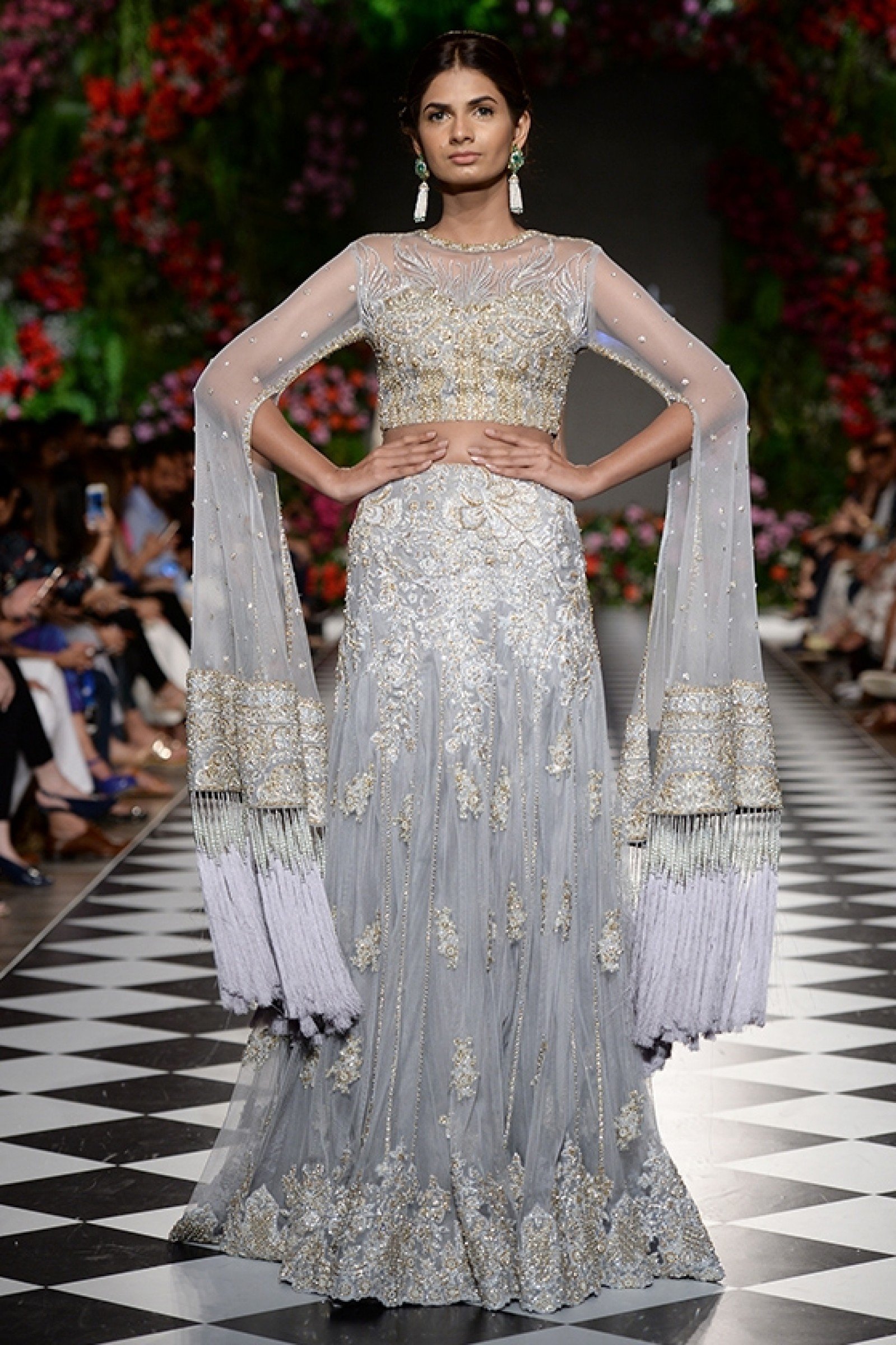 Silver Grey Embellished Net Lehenga Set (2-Piece) - Image 1