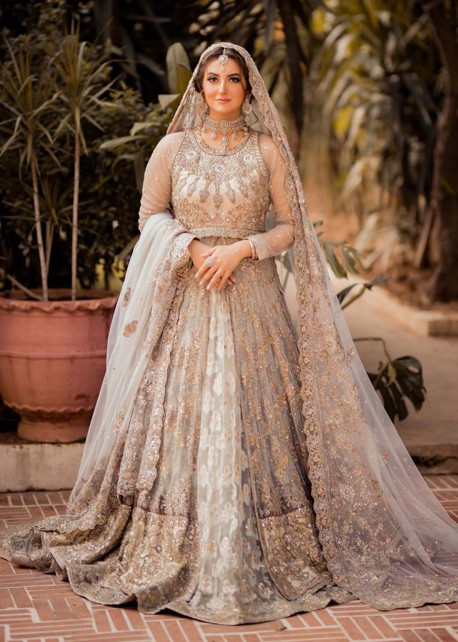 Pakistani Silver Grey Embroidered Net Bridal Lehenga (3-Piece) - Image 1