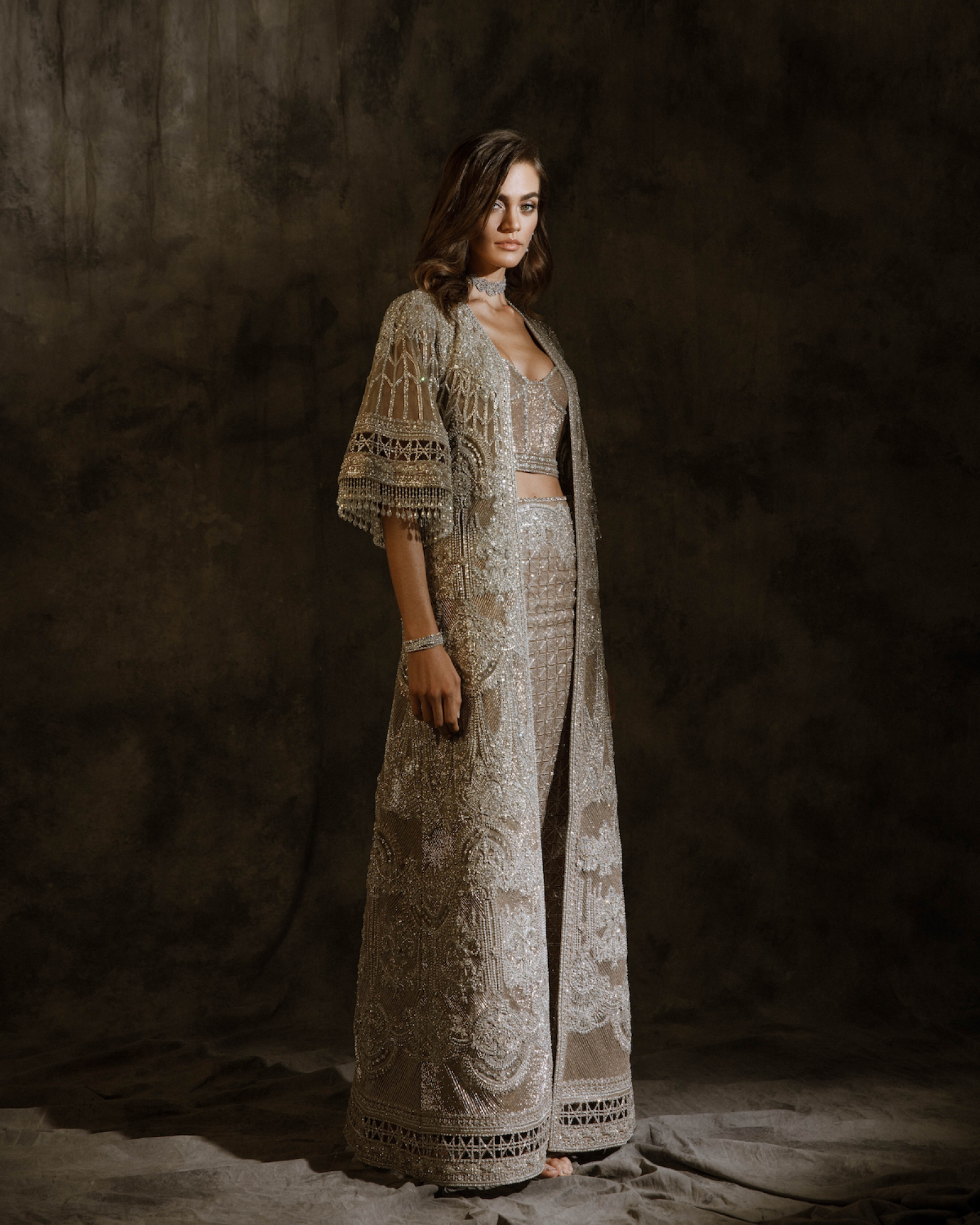 Silver Embroidered Net Organza Lehenga (3-Piece) - Image 1