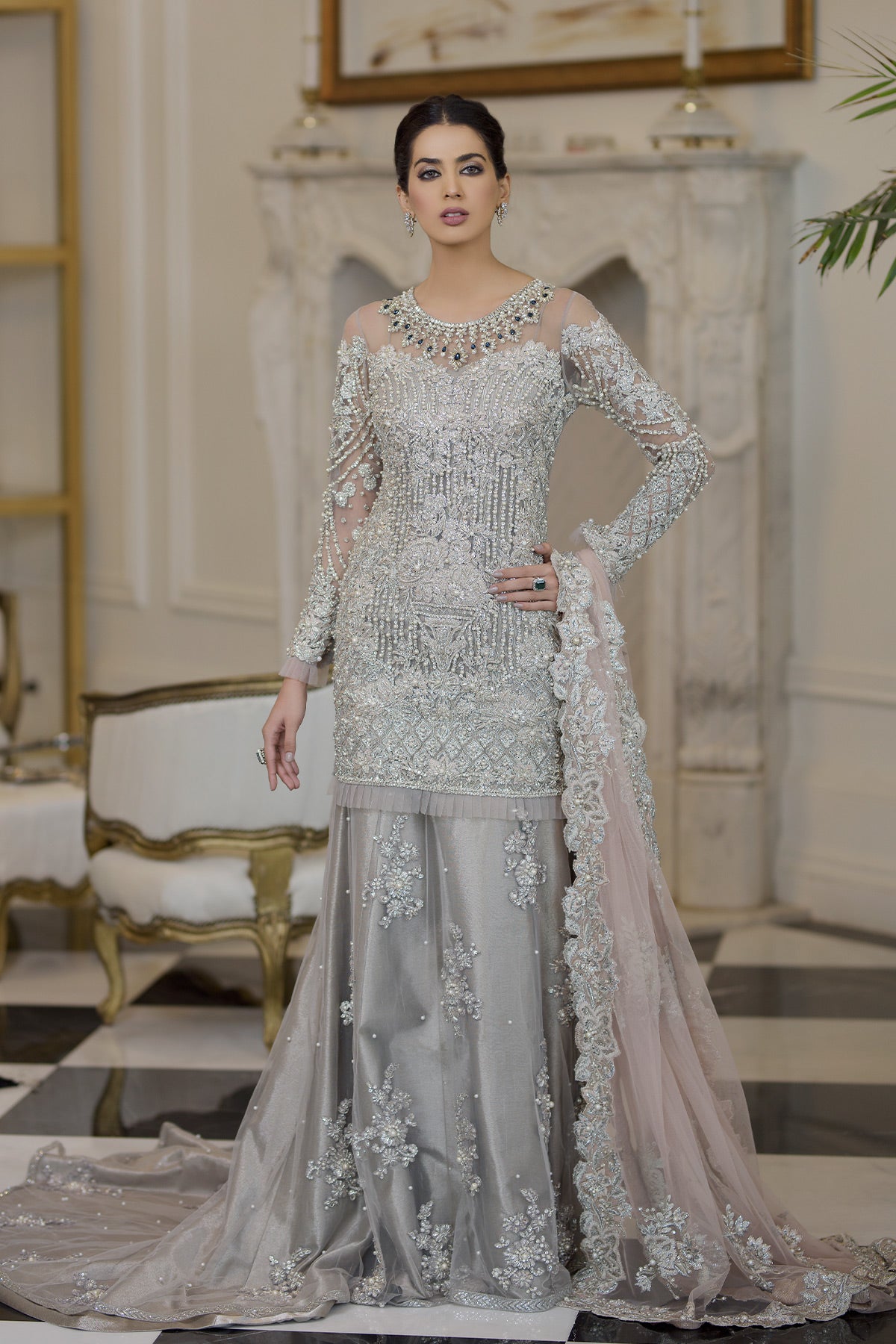 Silver Grey Embellished Net Bridal Lehenga (3-Piece) - Image 1