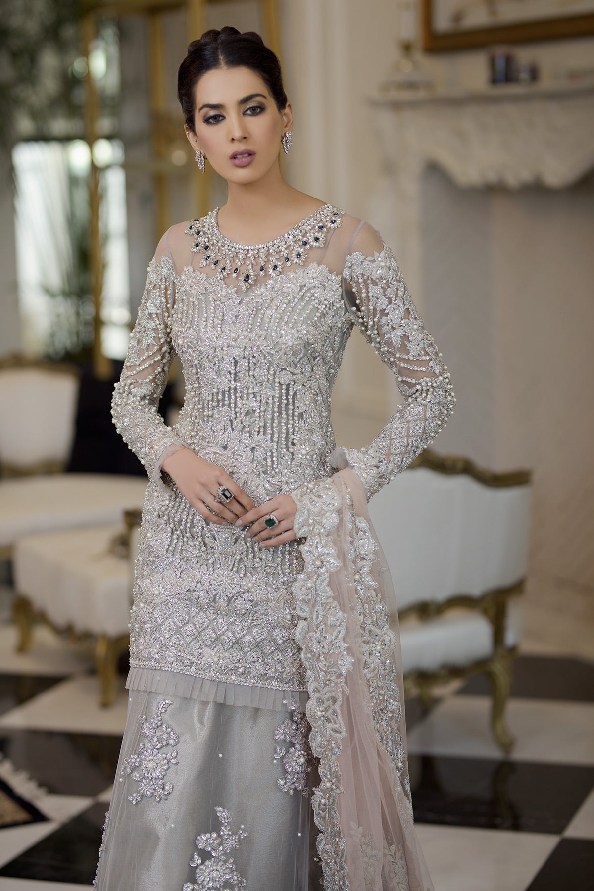 Silver Grey Embellished Net Bridal Lehenga (3-Piece) - Image 2