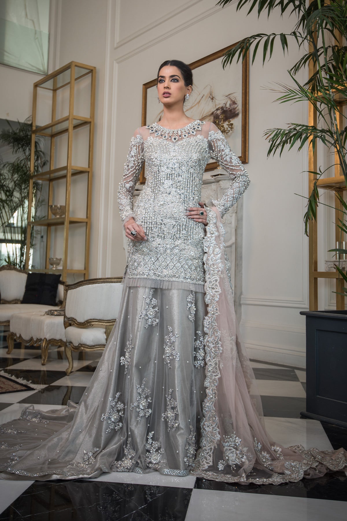 Silver Grey Embellished Net Bridal Lehenga (3-Piece) - Image 3