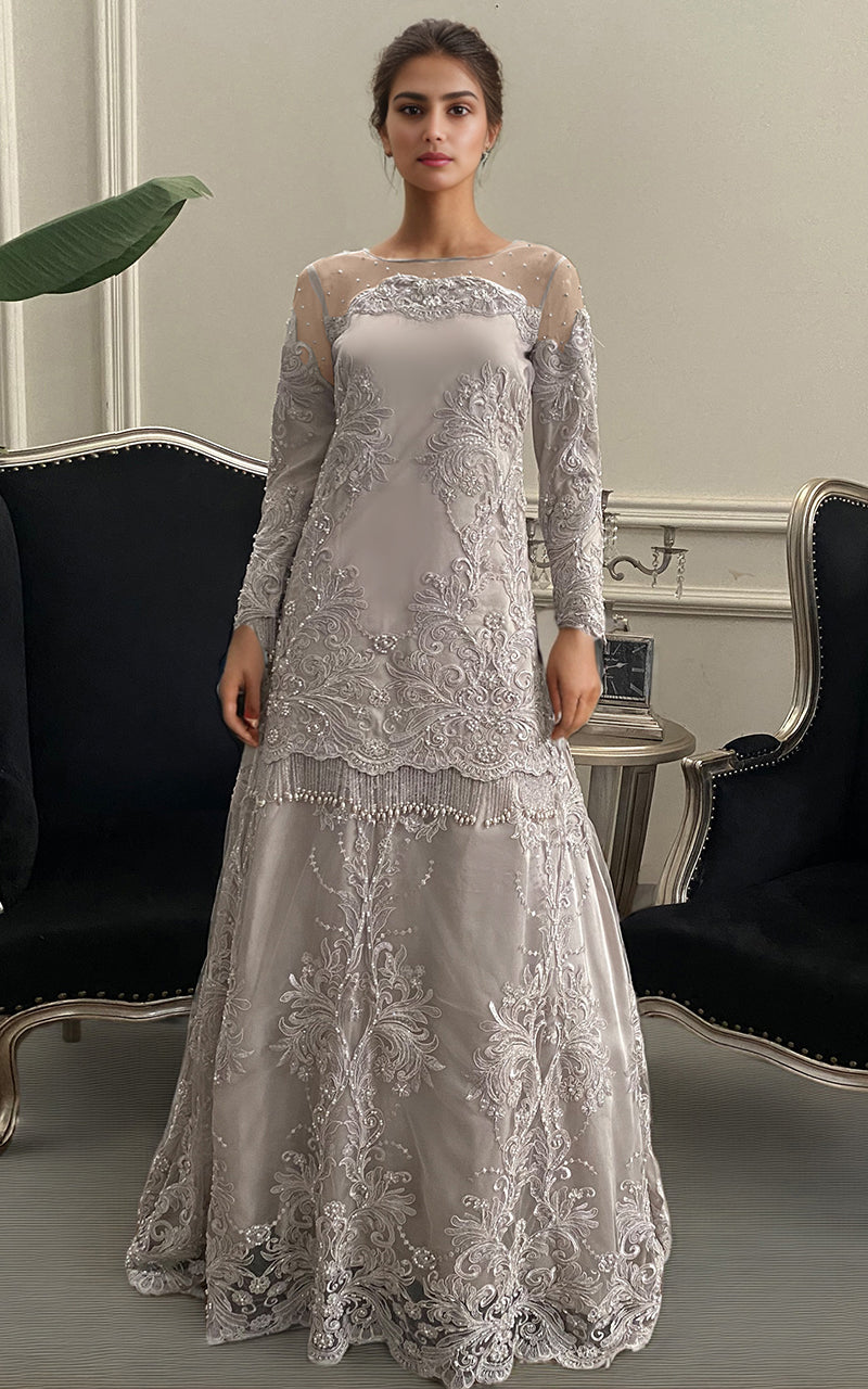 Silver Embroidered Net Long Shirt with Lehenga (2-Piece) - Image 1