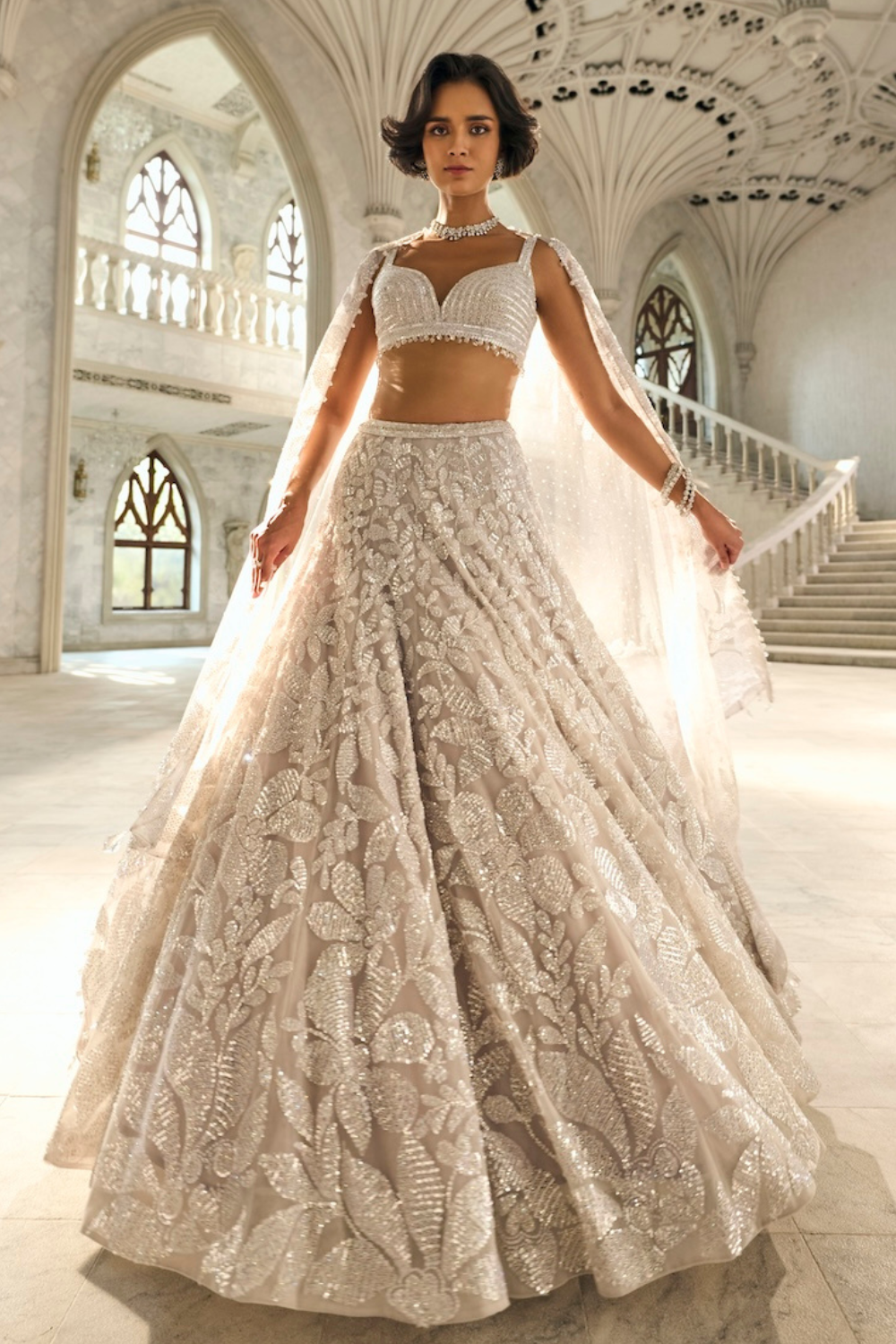 Indian Silver Sequin & Bead Embroidered Net Lehenga (3-Piece) - Image 2