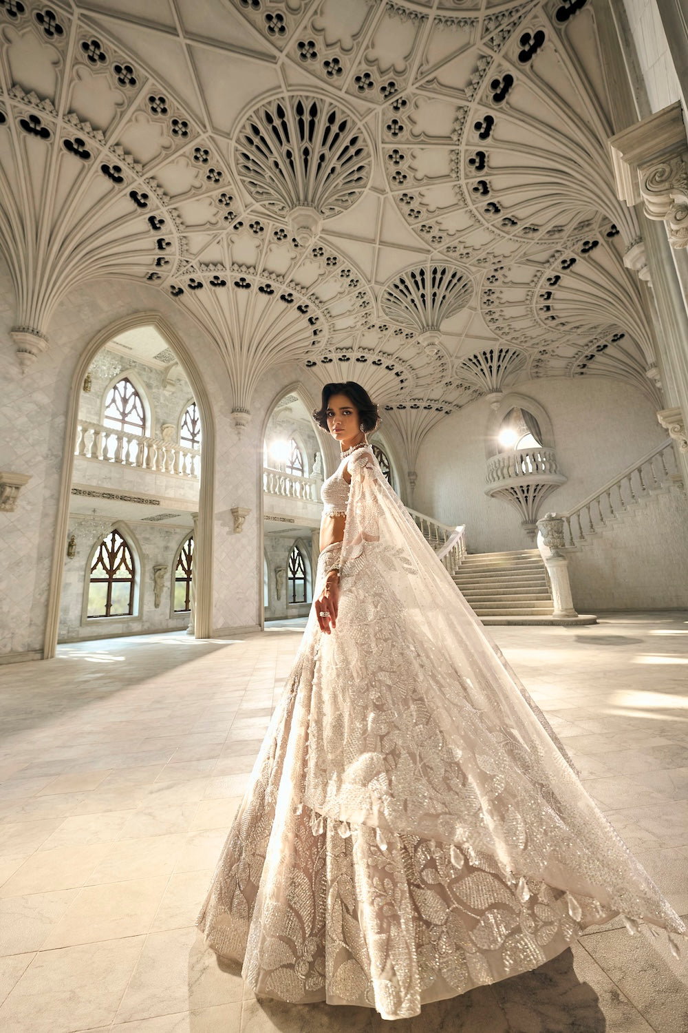 Indian Silver Sequin & Bead Embroidered Net Lehenga (3-Piece) - Image 4