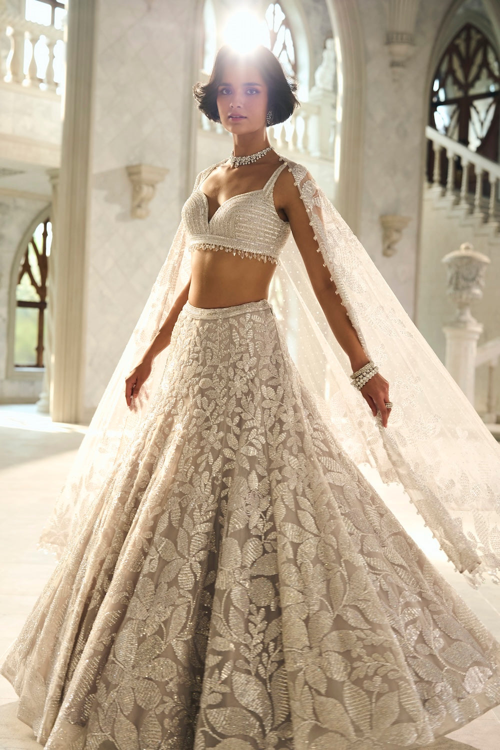 Indian Silver Sequin & Bead Embroidered Net Lehenga (3-Piece) - Image 5