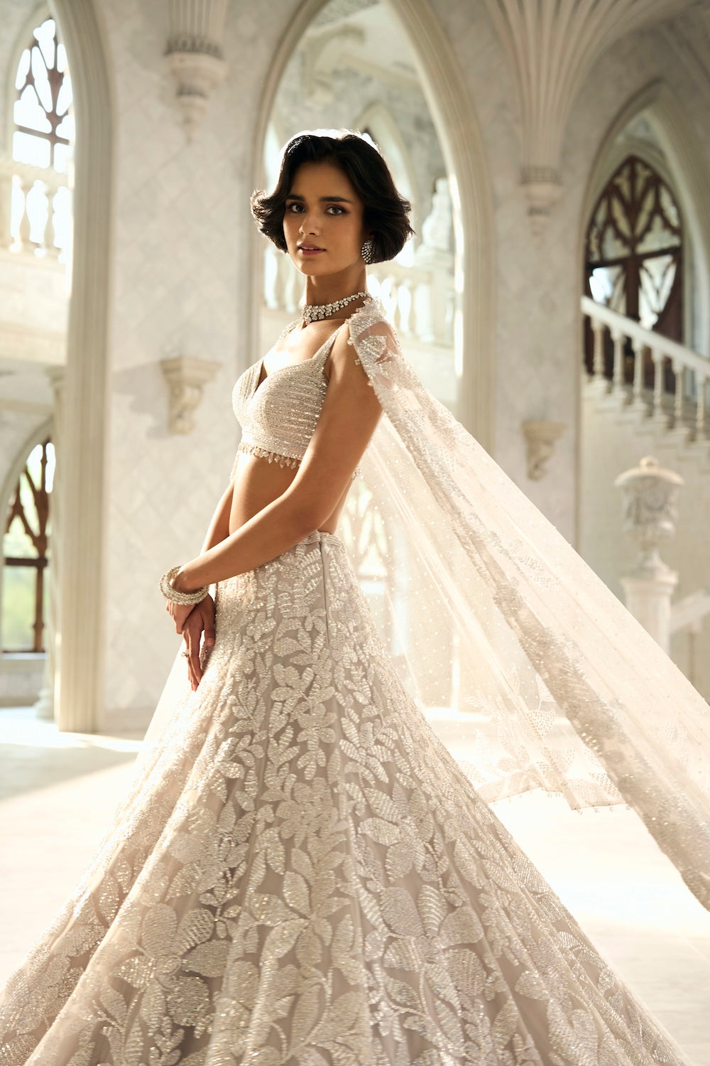 Indian Silver Sequin & Bead Embroidered Net Lehenga (3-Piece) - Image 6