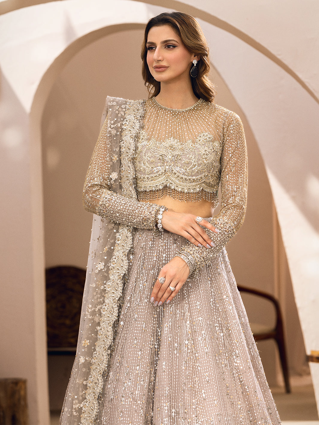 Pakistani Silver Hand-Embellished Net Lehenga Choli (3-Piece) - Image 1