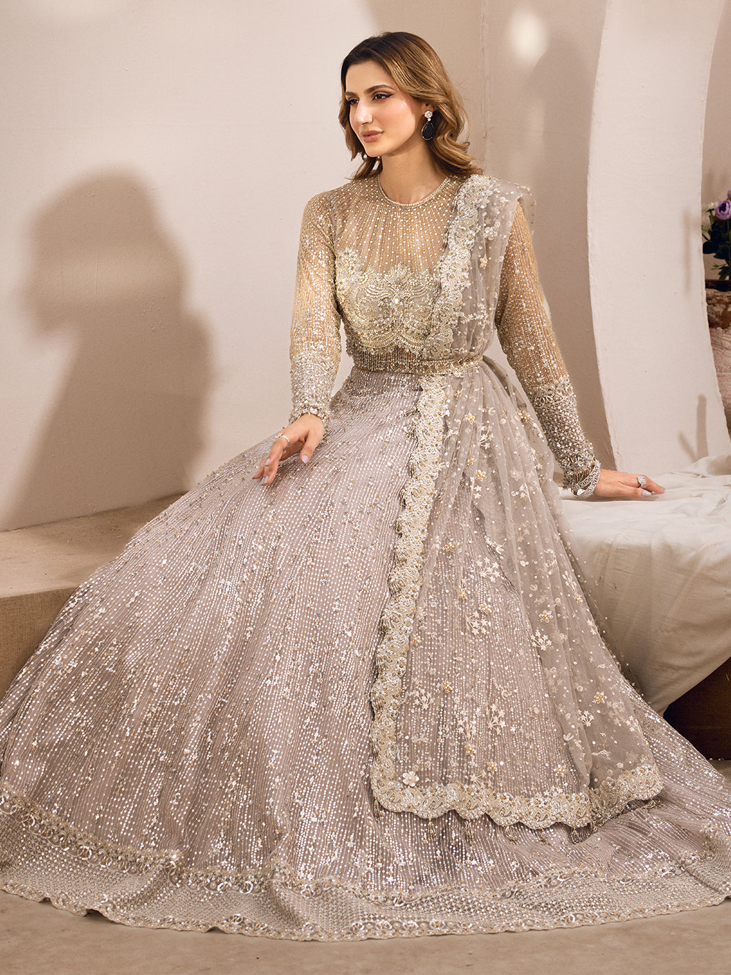 Pakistani Silver Hand-Embellished Net Lehenga Choli (3-Piece) - Image 13