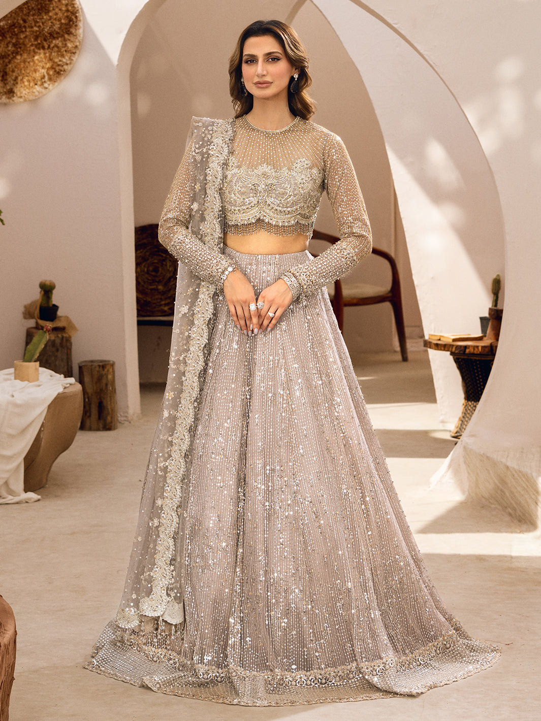 Pakistani Silver Hand-Embellished Net Lehenga Choli (3-Piece) - Image 2