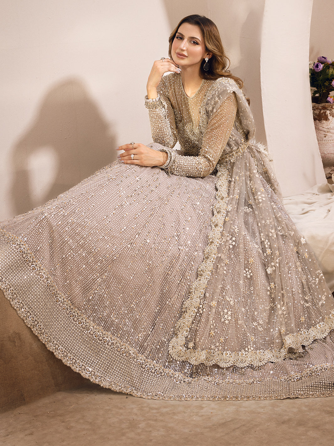 Pakistani Silver Hand-Embellished Net Lehenga Choli (3-Piece) - Image 8