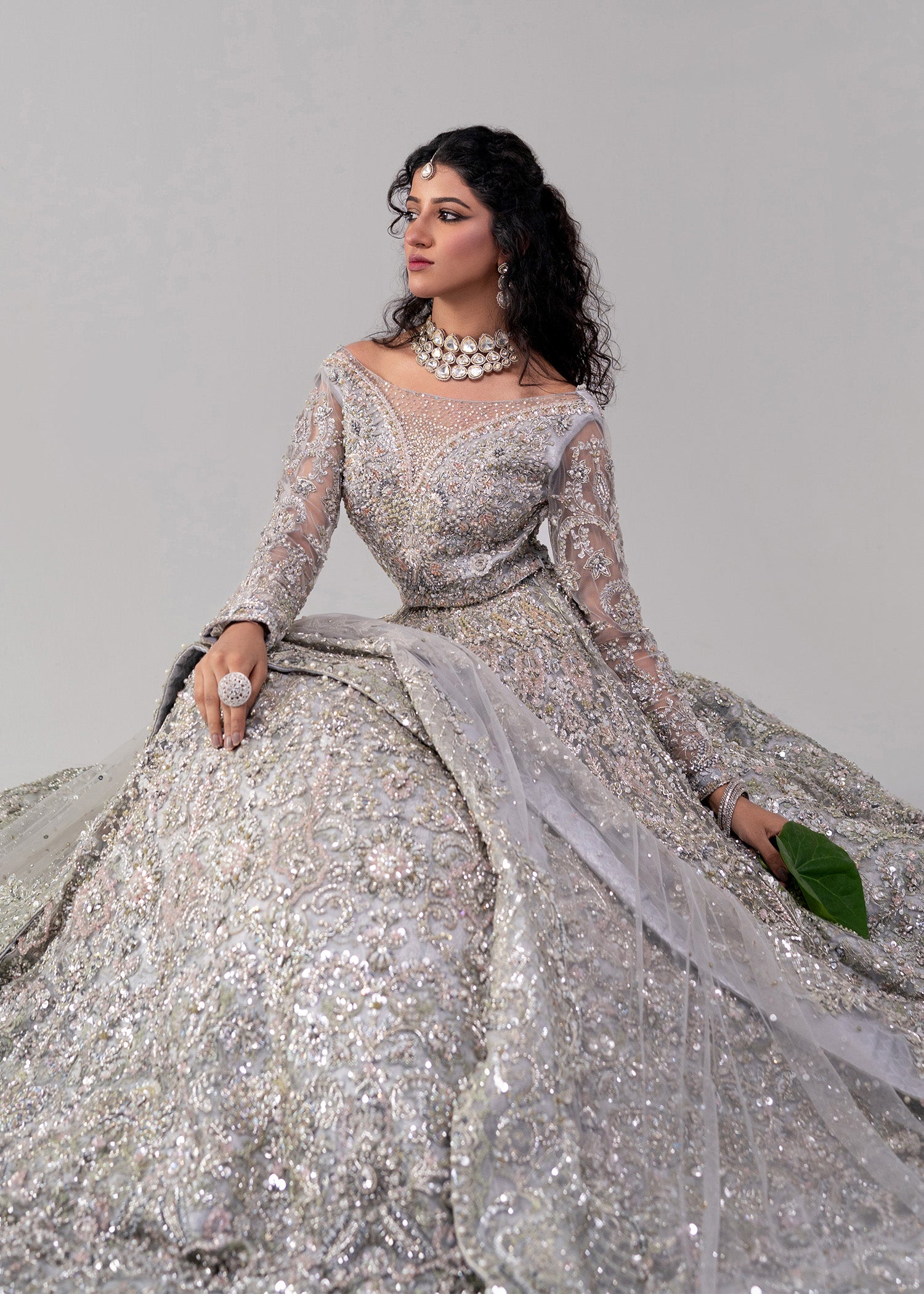 Pakistani Silver and Green Embellished Net Lehenga Choli (3-Piece) - Image 4