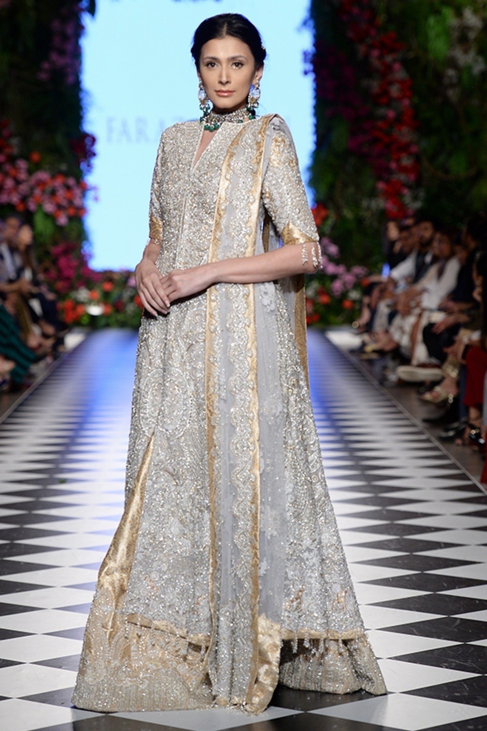 Silver Gold Embellished Net Silk Bridal Lehenga (3-Piece) - Image 1