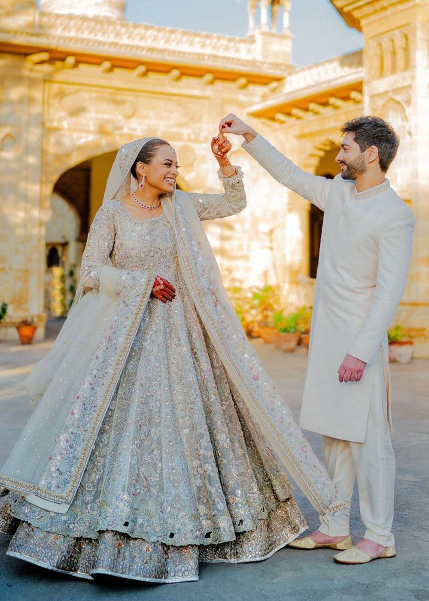 Silver Grey Embellished Net Silk Bridal Lehenga (3-Piece) - Image 1