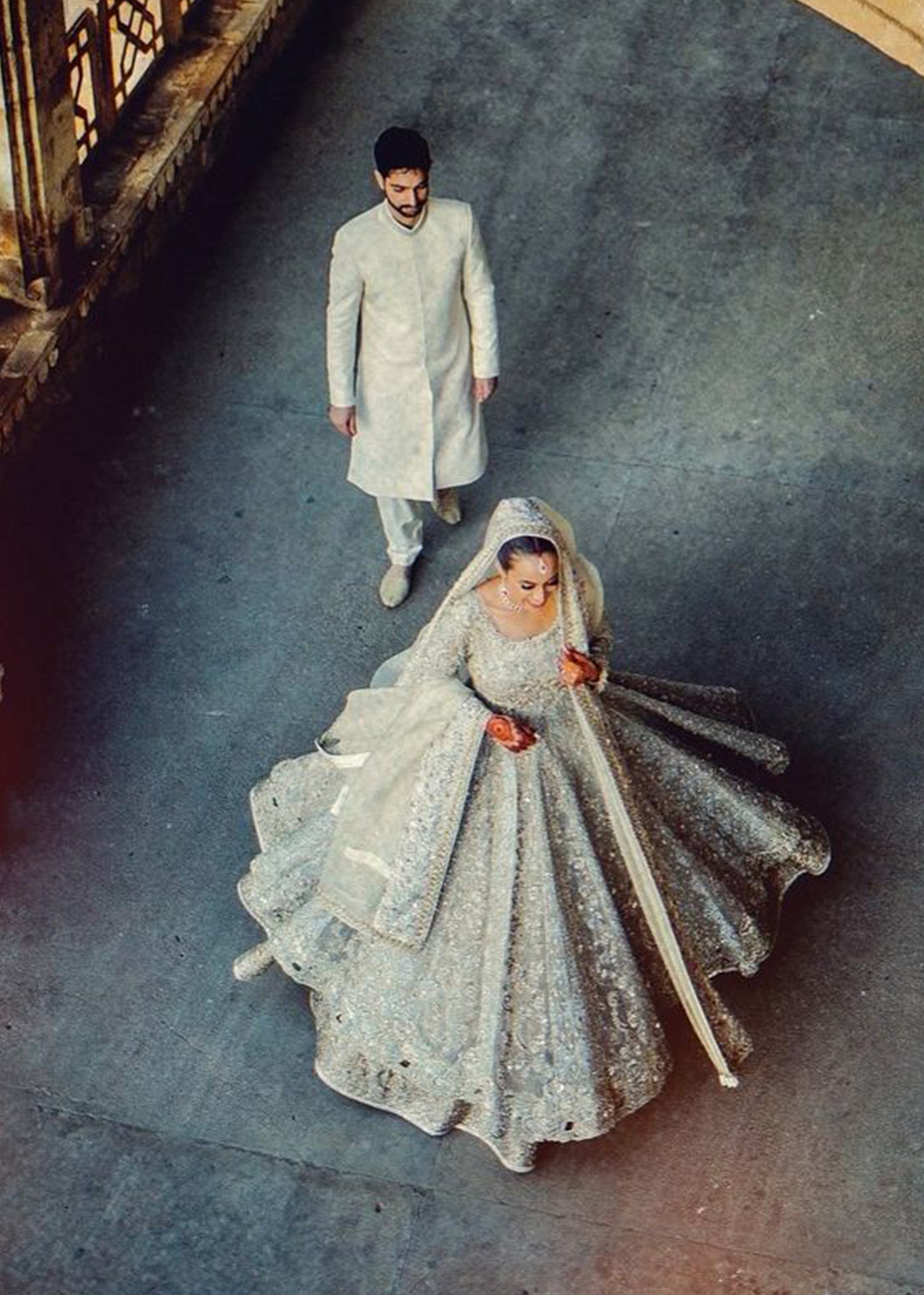 Silver Grey Embellished Net Silk Bridal Lehenga (3-Piece) - Image 3