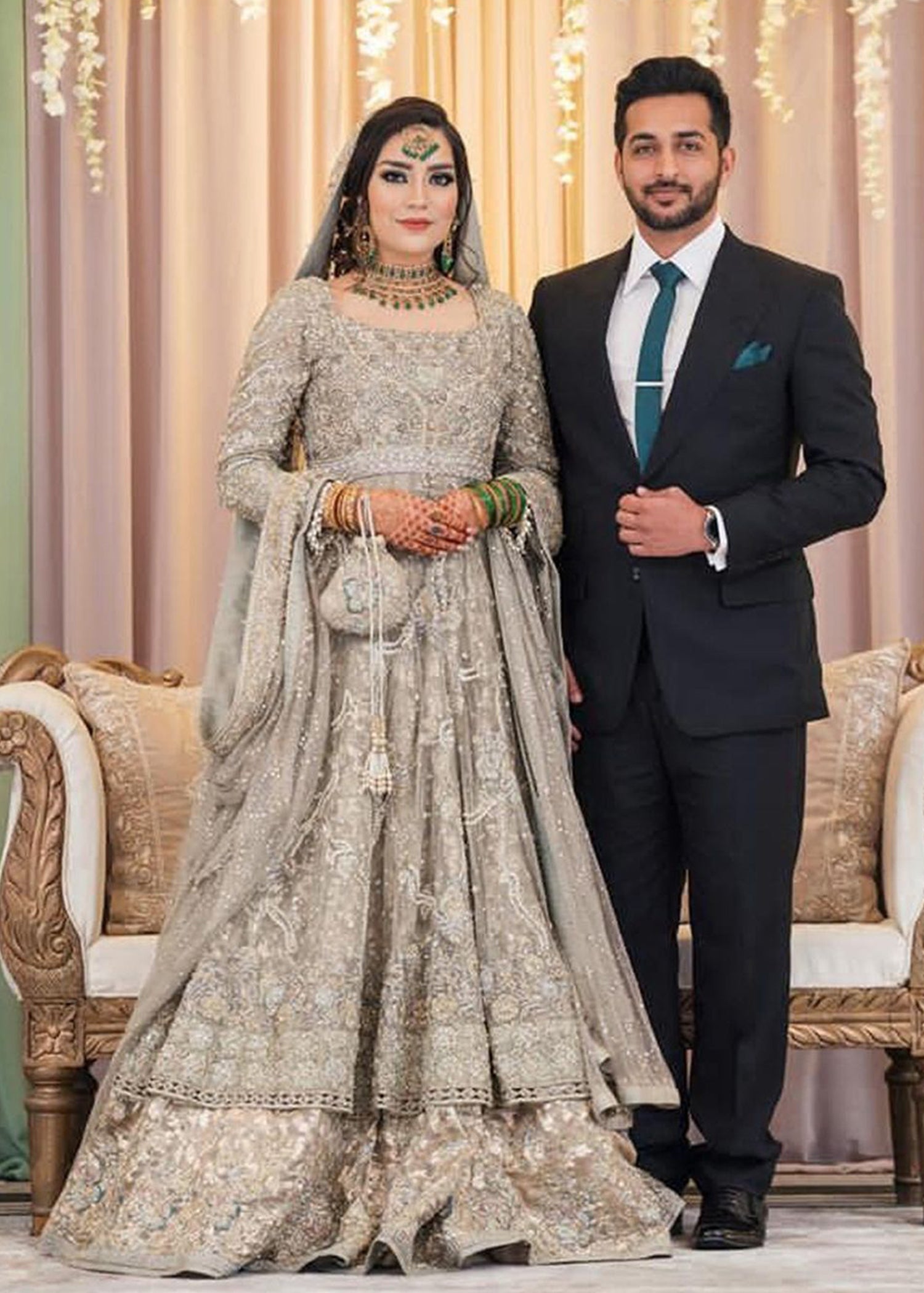 Silver Grey Embellished Net Bridal Lehenga (3-Piece) - Image 1