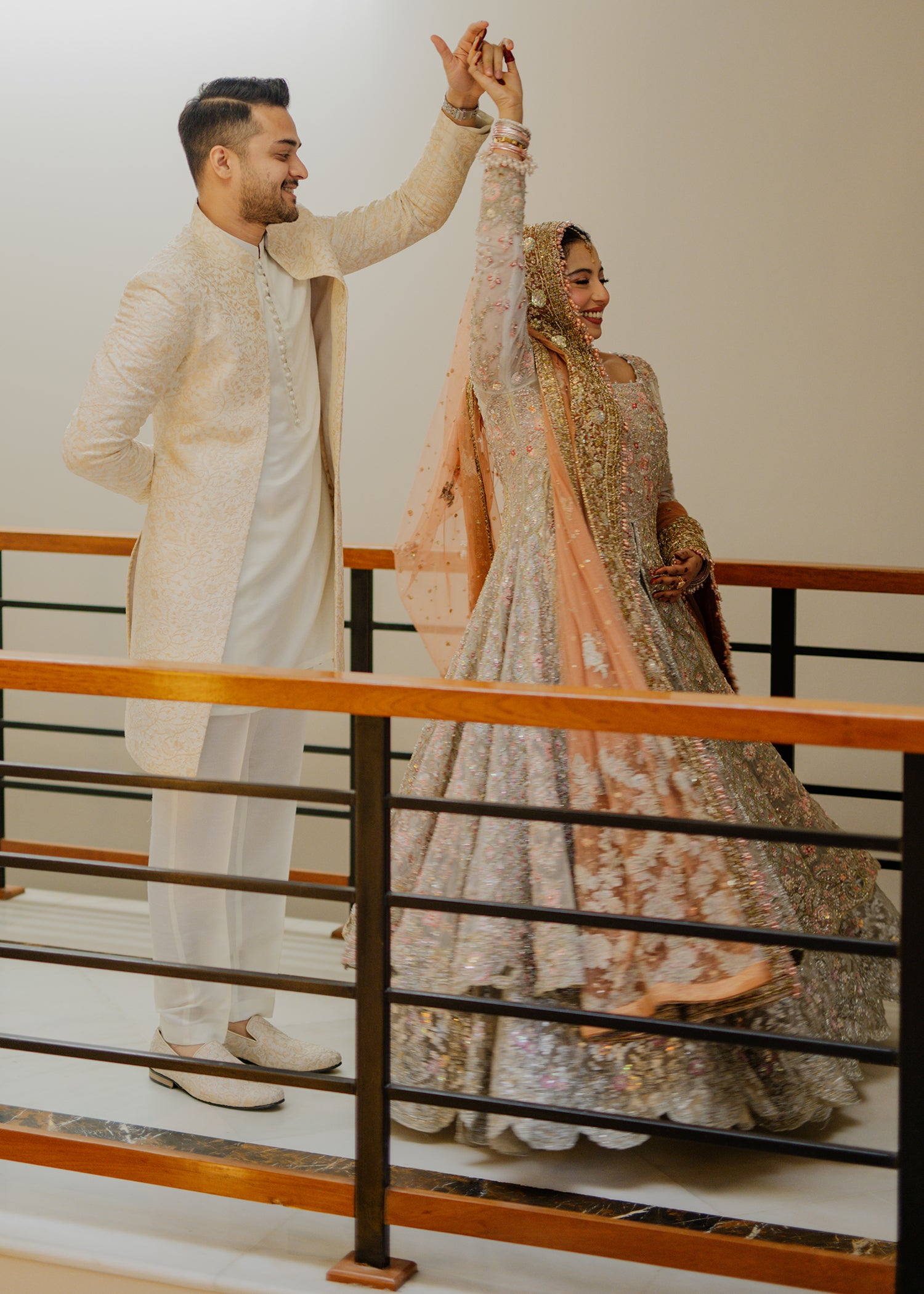 Pakistani Soft Silver Peach Embellished Net Bridal Lehenga (3-Piece) - Image 3