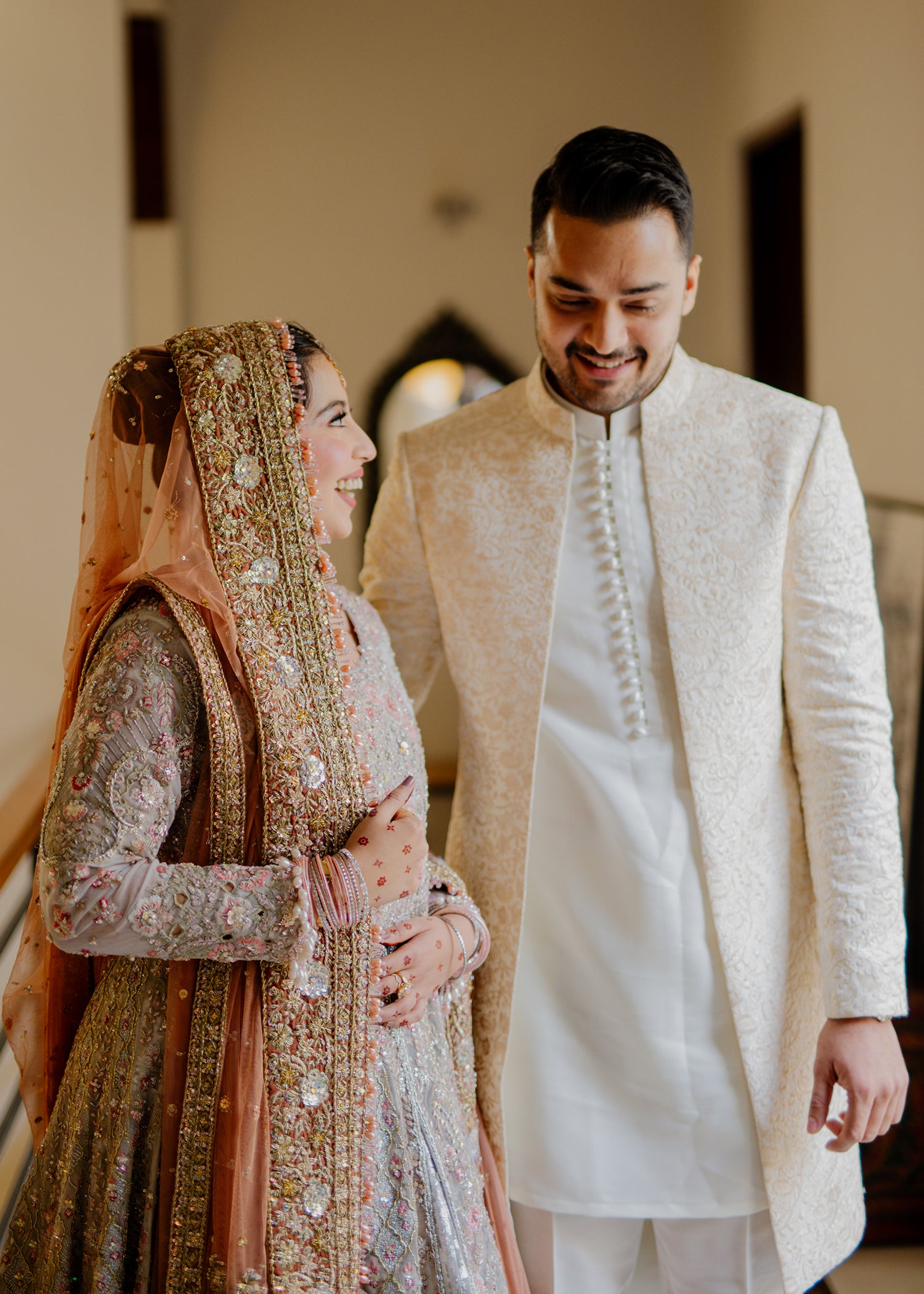 Pakistani Soft Silver Peach Embellished Net Bridal Lehenga (3-Piece) - Image 4